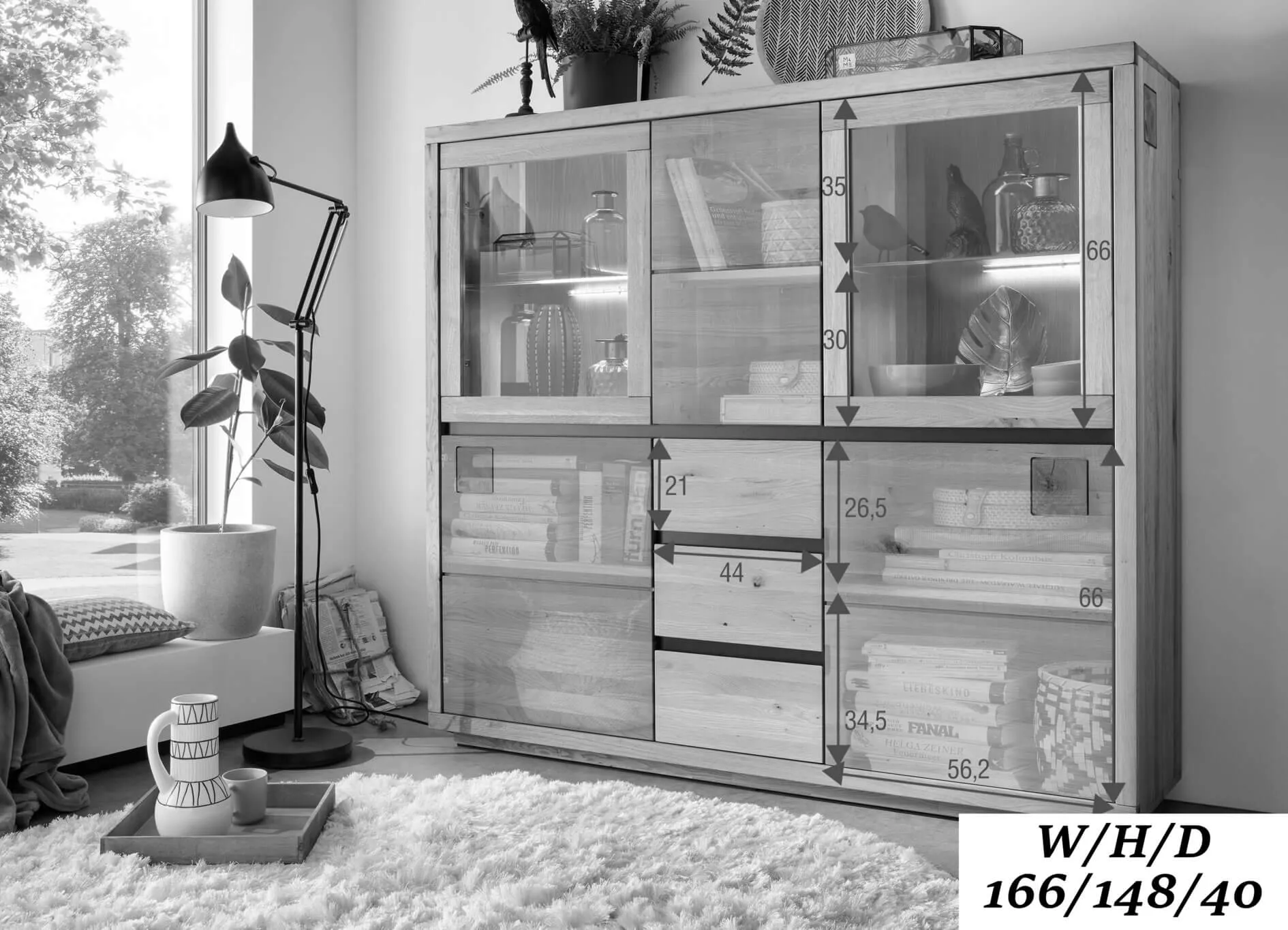 Kredens dębowy z przeszkleniem HALLOW 166x148 5-drzwiowy z 3 szufladami - GK_1031595401