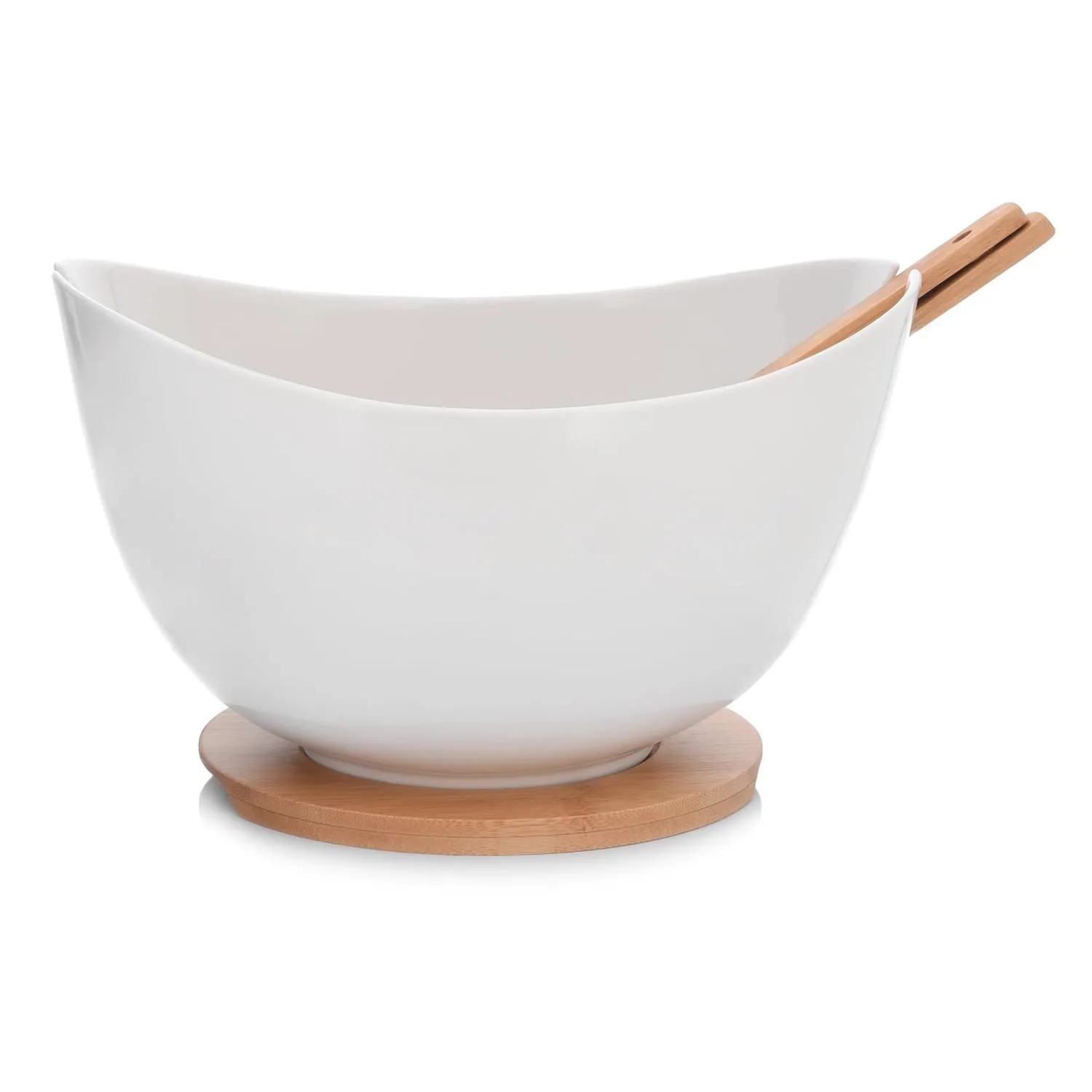 image miska ceramiczna, drewniana podstawa, drewniane sztućce, biała miska, kuchenne akcesoria