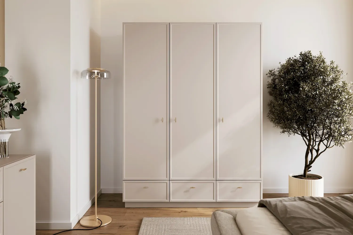 Szafa 3-drzwiowa z 3 szufladami LORINI 150 - cashmere T-bar złoty cokół