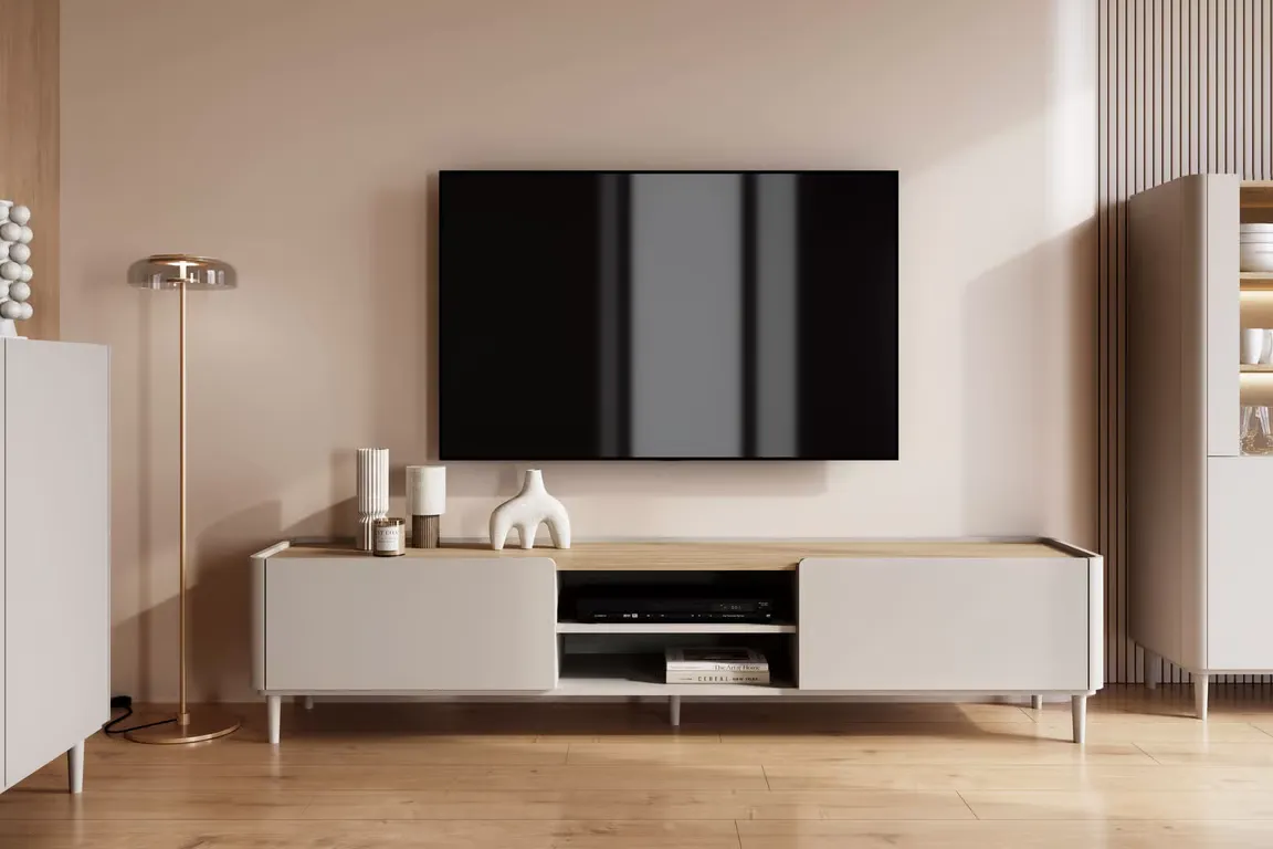 Szafka RTV z klapą i 1 szufladą ELIVO RTV 220cm drewniane nóżki cashmere dąb olejowany — zdjęcie 6