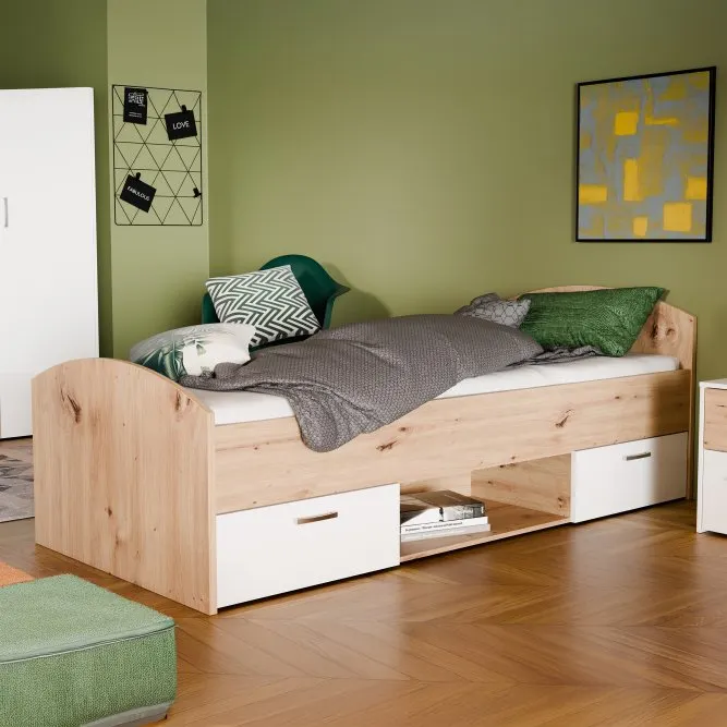 image row_pod_2s, wooden_bed, storage_drawers, green_wall, bedding_set