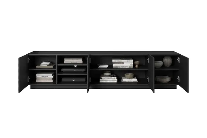 Szafka RTV ASHA 200 4D z wnęką - czarny mat - ryflowany front - cokół - B_52294