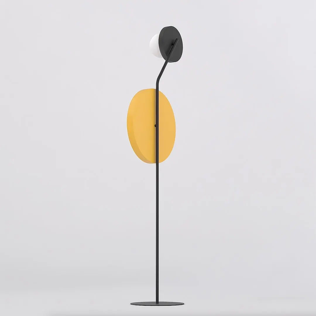 image lampa podłogowa, skandynawski design, koło żółte, czarna podstawa, minimalizm