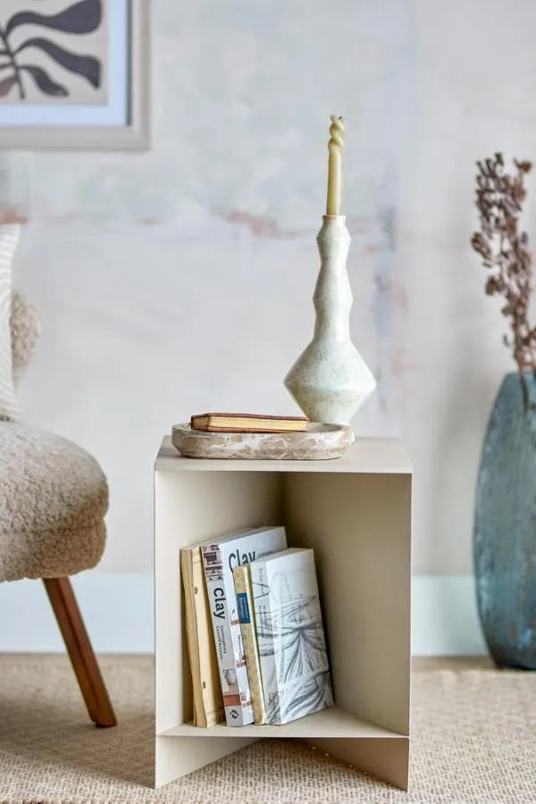 lamp, candlestick, side table, books, decor