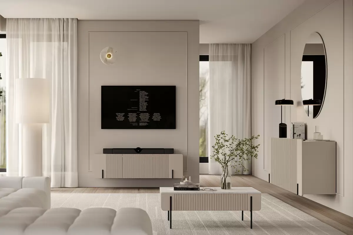 MALMI Szafka RTV 150 2D1SZ - cashmere / crema bianca / wisząca / czarne uchwyty - B_162319