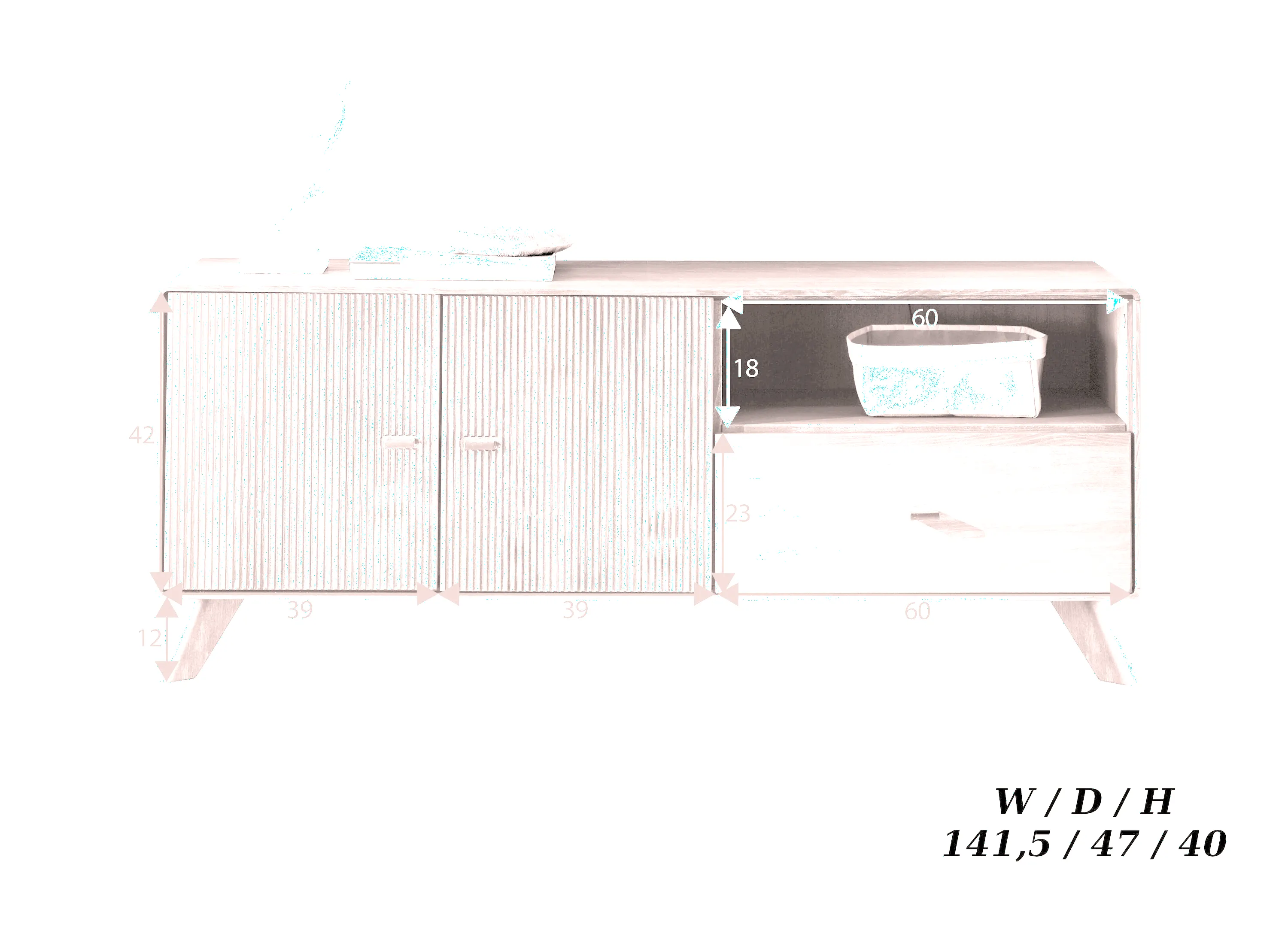 Szafka rtv bukowa ryflowana BLISS 141x57 z szufladą i półkami - GK_103624080102