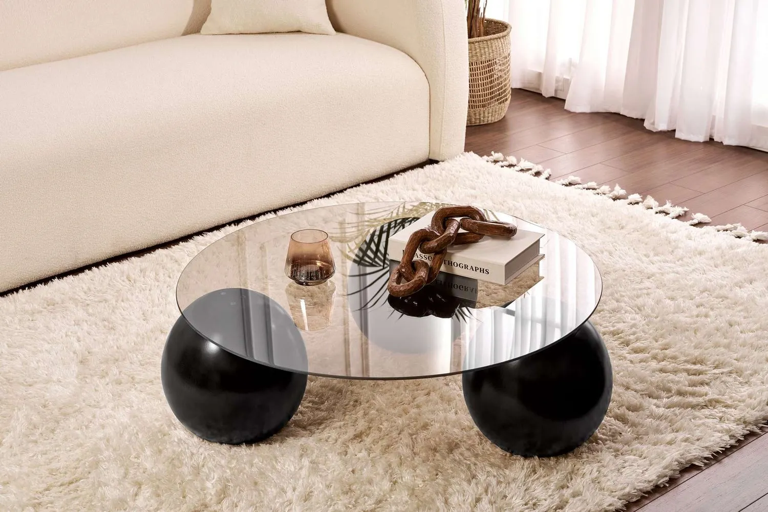 Stolik kawowy szklany okrągły MIRO 85 cm kuliste czarne nogi blat brązowy - ASI_857NRD1119