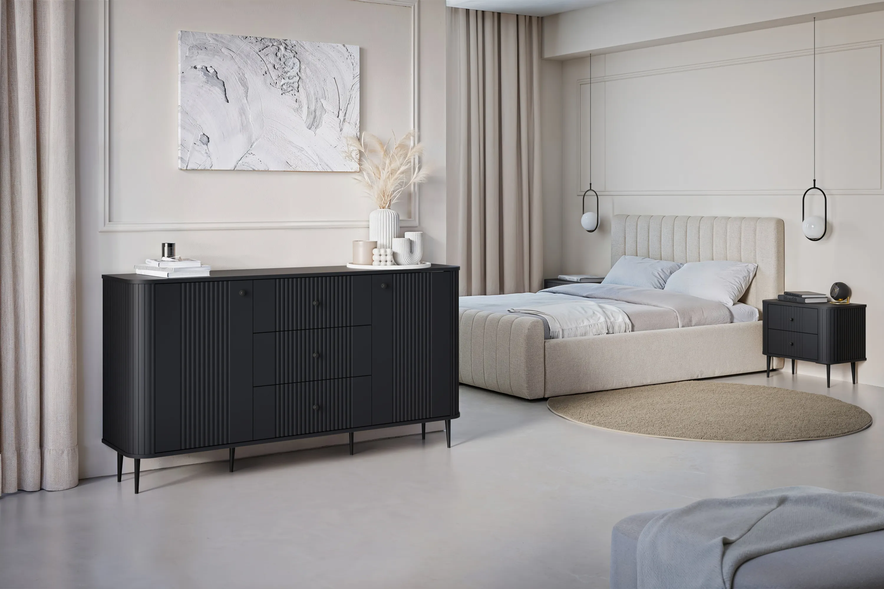 Szafka nocna z 2 szufladami VESPER 56 zestaw 2 sztuk ryflowany front czarny mdf czarne nogi - B_163846