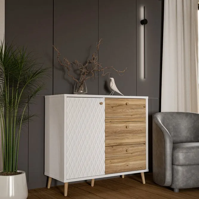 Komoda AKSANA L 1-drzwiowa z 3 szufladami - dąb mauvella, biały - AKNK221L-M992