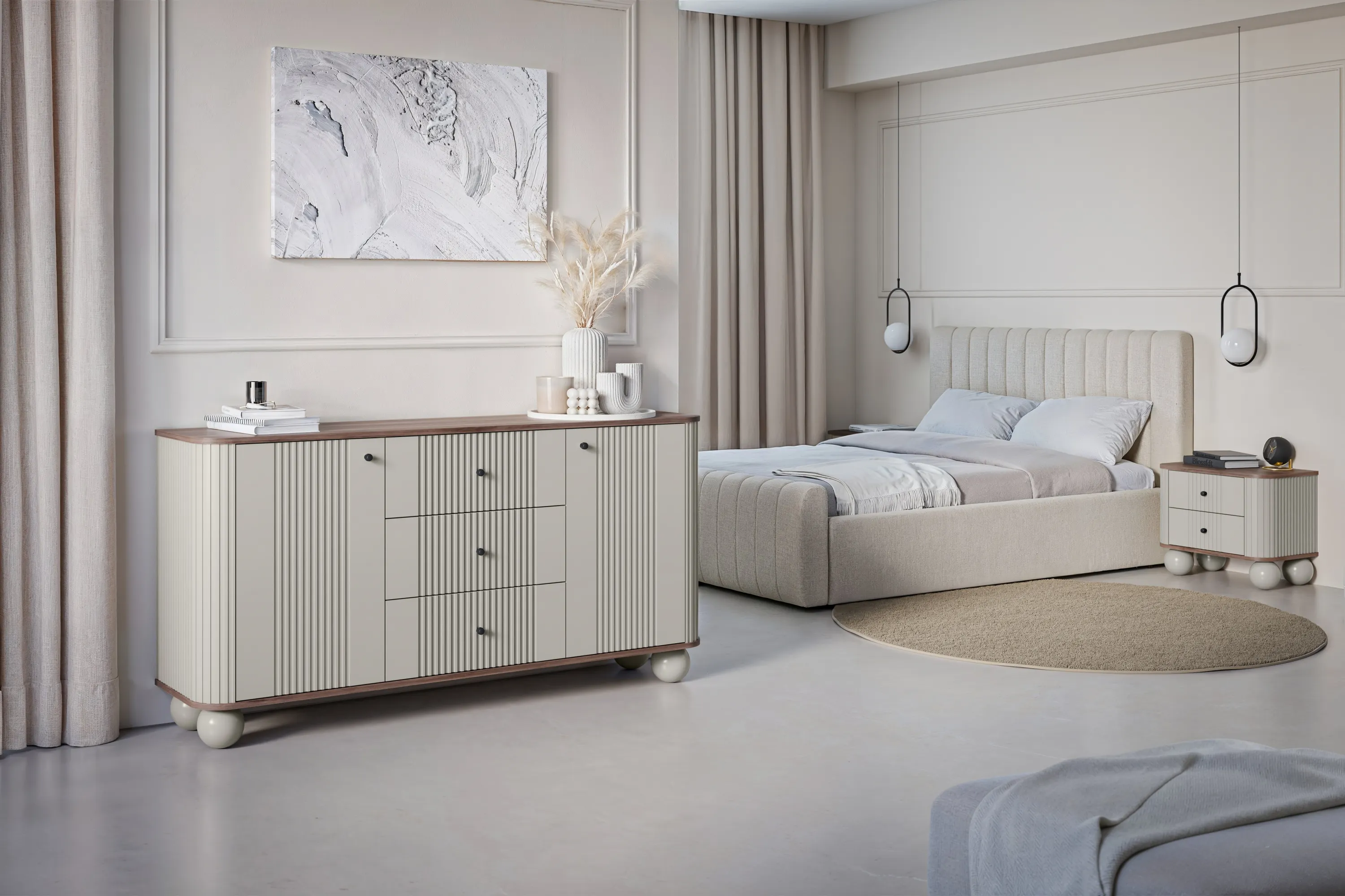 Szafka nocna z 2 szufladami VESPER 56 zestaw 2 sztuk ryflowany front cashmere orzech czarne uchwyty nogi kule - B_163839