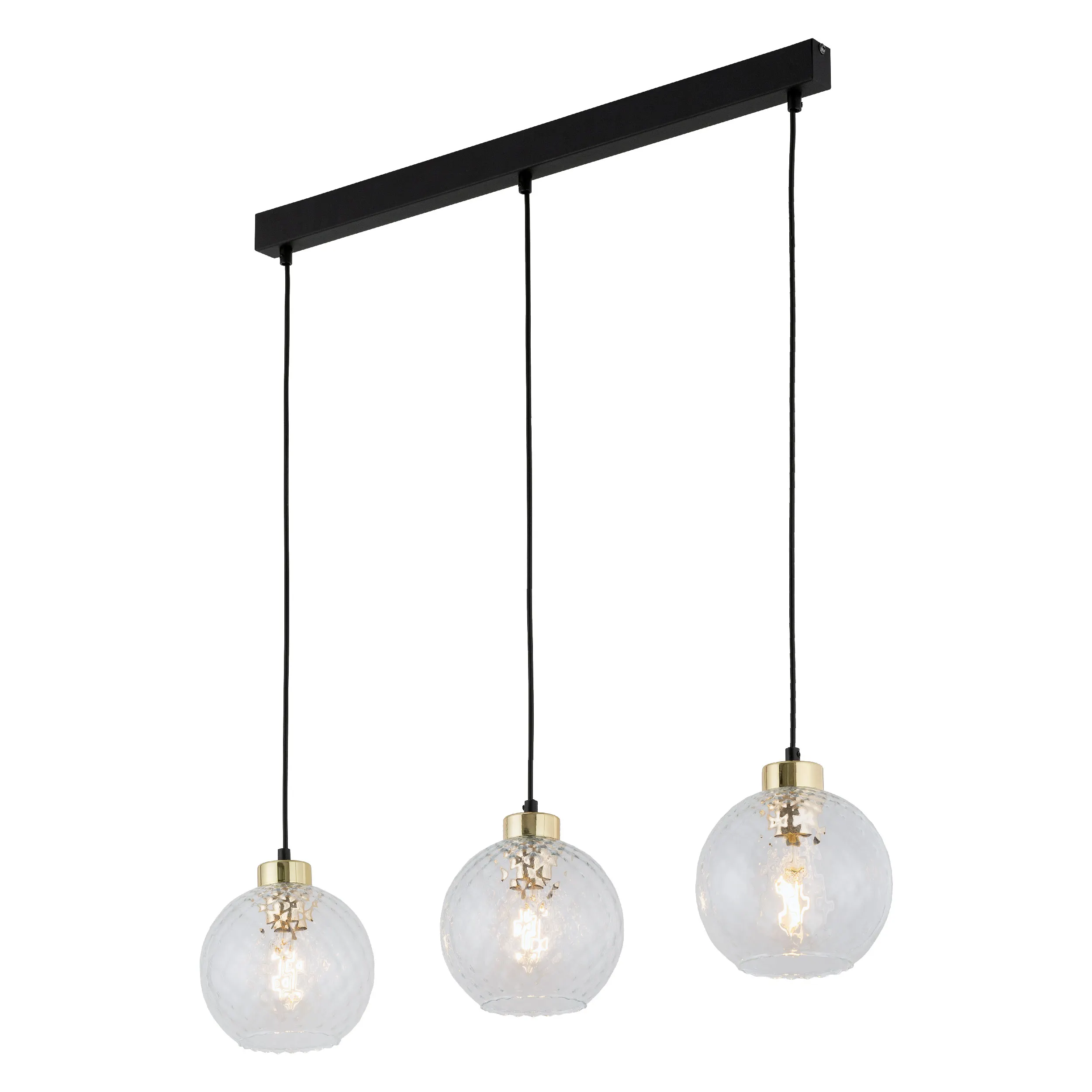 Lampa wisząca DEVON czarna ze złotymi elementami i trzema kryształowymi szklanymi okrągłymi kloszami na listwie 100x82x18cm - TK_4587