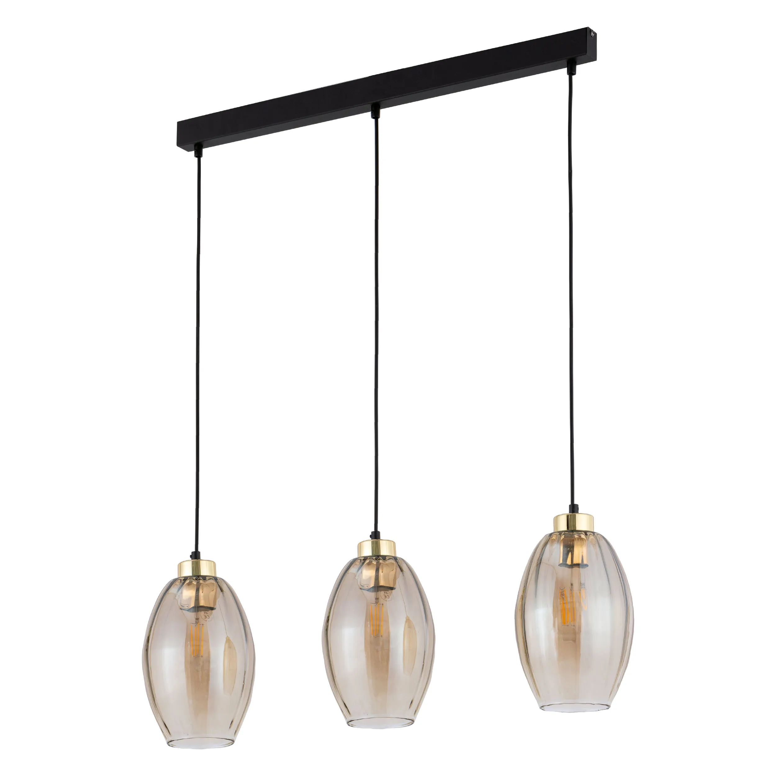 Lampa wisząca SEBO czarna ze złotymi elementami bursztynowymi transparentnymi szklanymi kloszami na metalowej listwie 100x80x16cm