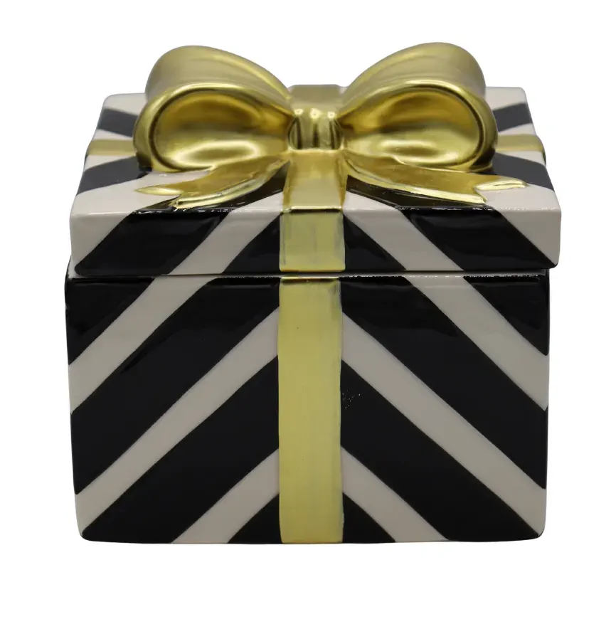 PUZDERKO ceramiczne na prezent PASKI duże biało-czarno-złote