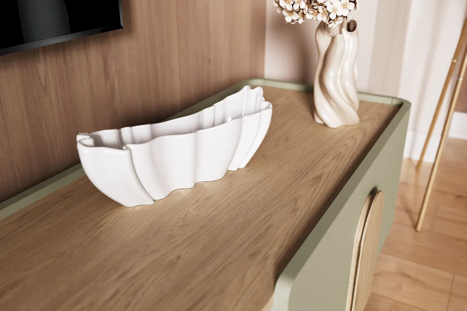 Safka RTV z klapą i szufladą AMILIO 220 - eukaliptus dąb baltic dune uchwyty dąb naturalny nogi eukaliptus - B_169228