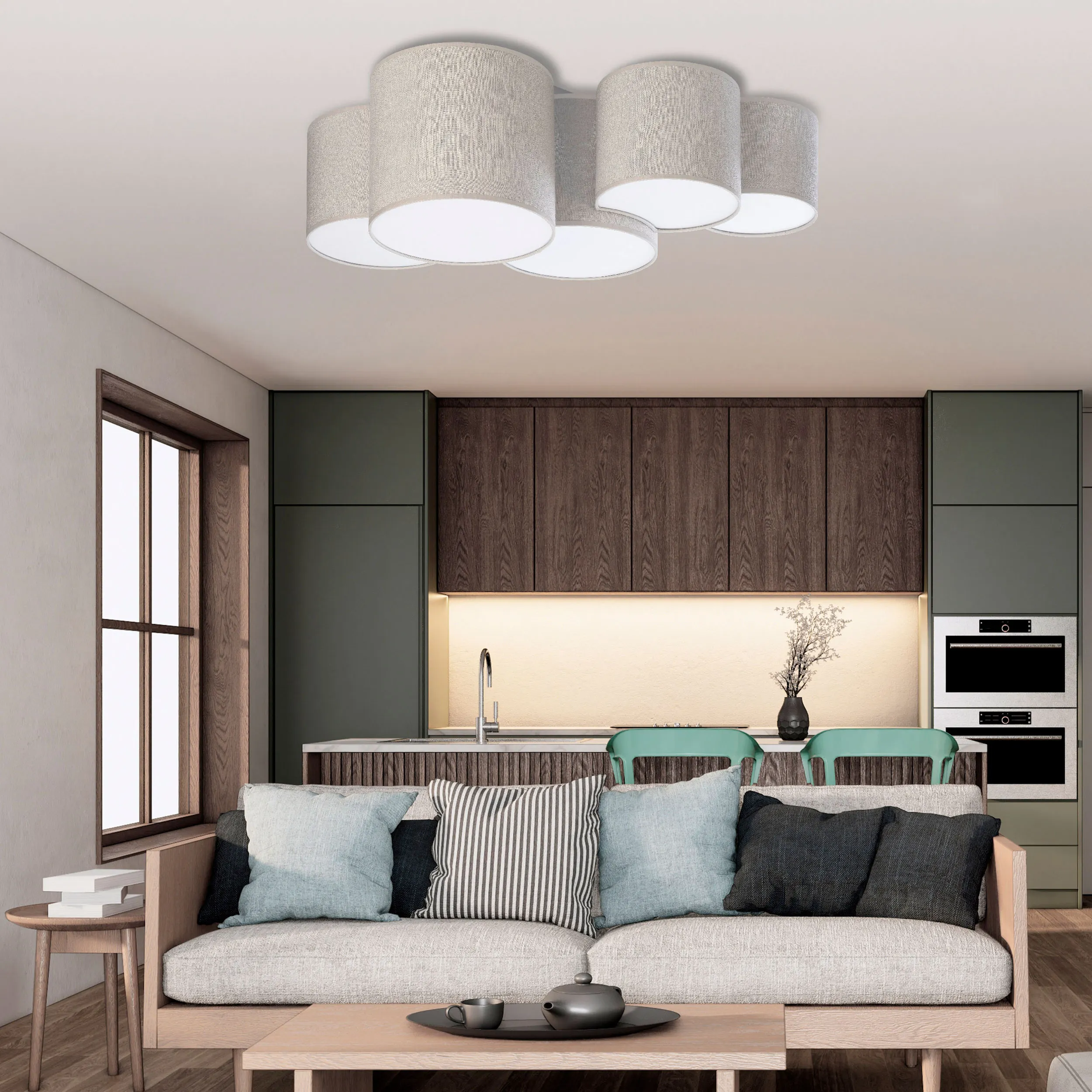 Lampa sufitowa MONA brązowa z tkaniny z białymi kloszami 81x47x30cm - TK_6593