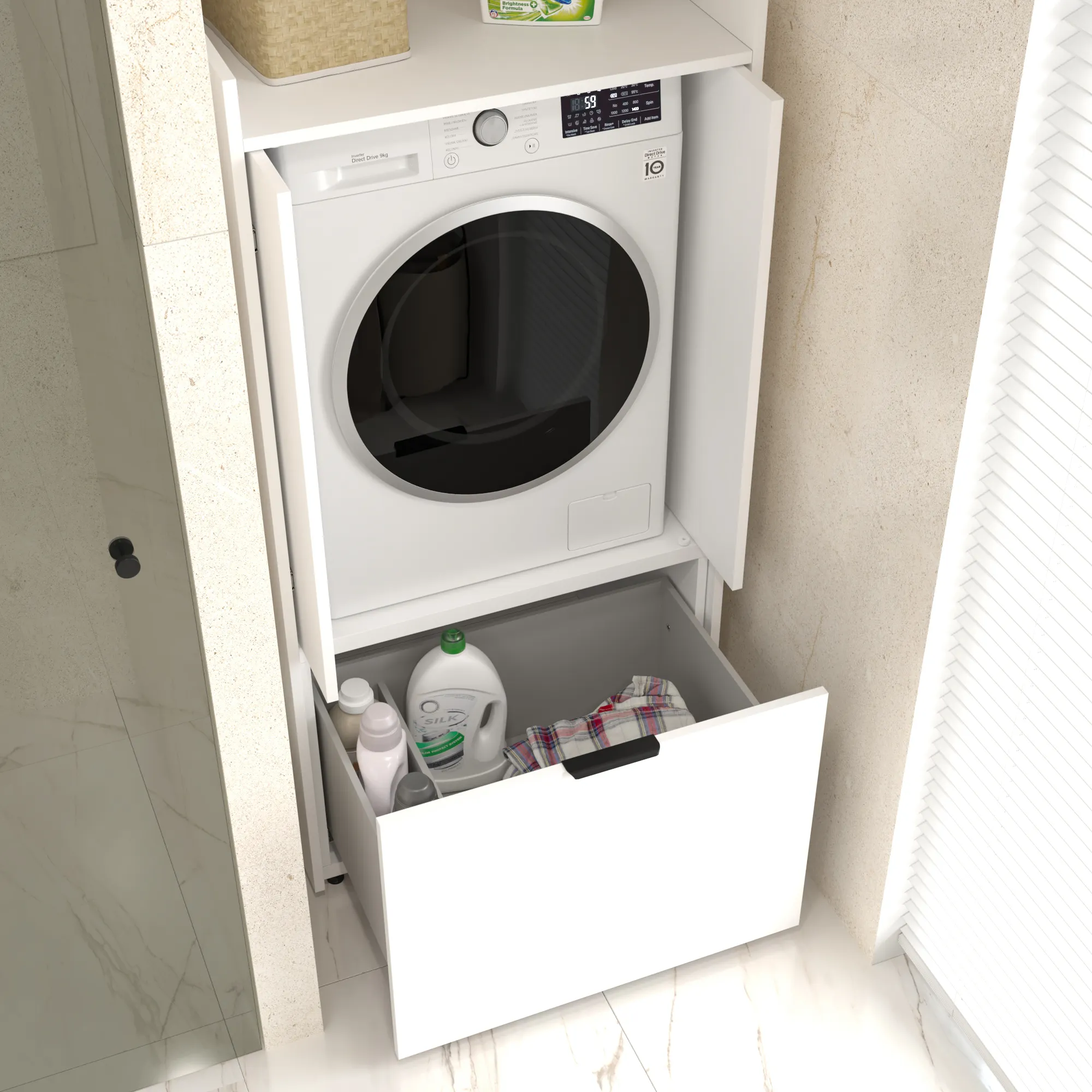 image pralka, ładowanie, szuflada, kosz na detergenty, biała