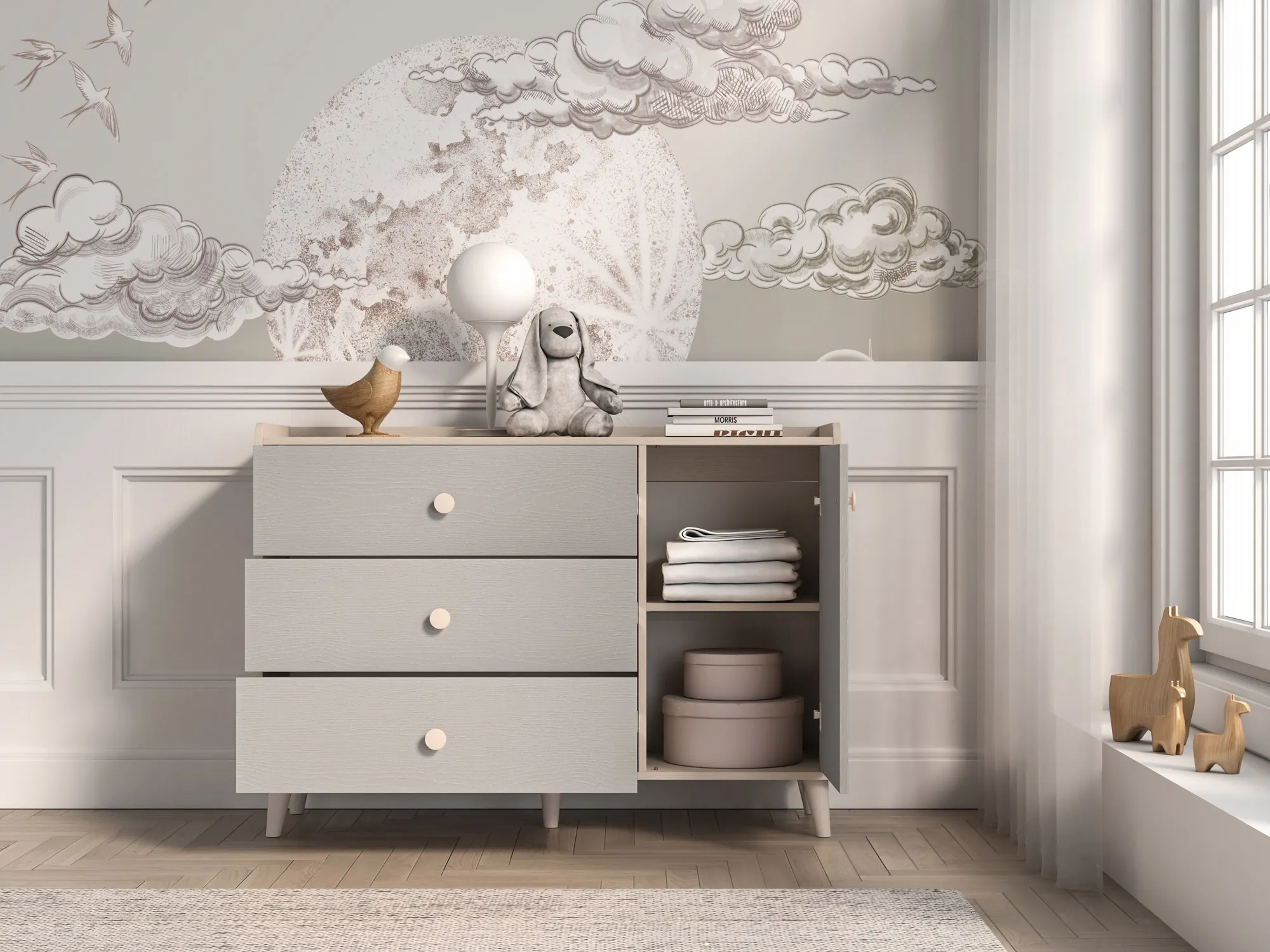 Komoda 1-drzwiowa z 3 szufladami MEVEL 05 piasek pustyni, szary pallad - 1MEVE05-002