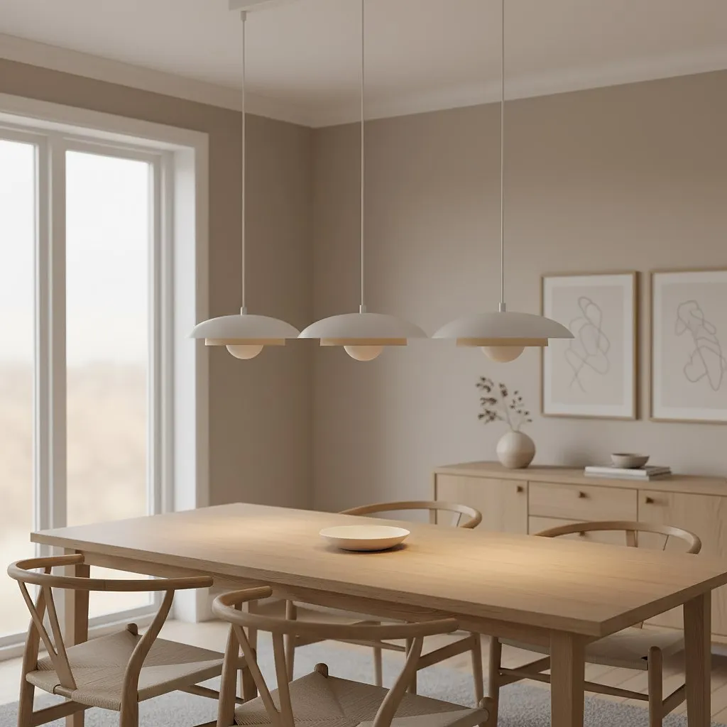 image jadalnia, stół drewniany, oświetlenie wiszące, natura, minimalizm