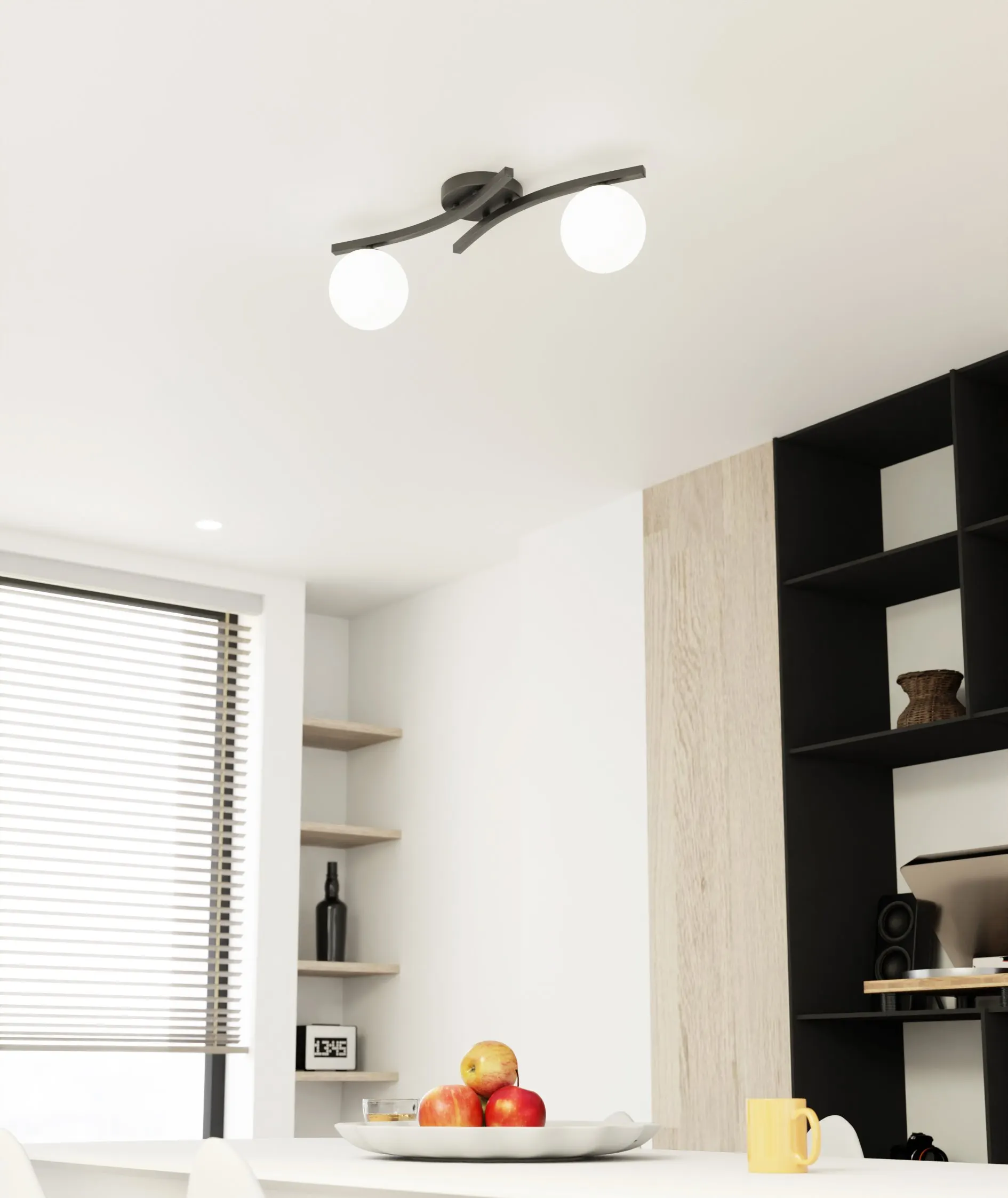 lampa sufitowa, globusowy abażur, biała lampa, nowoczesny salon, kuchenna przestrzeń