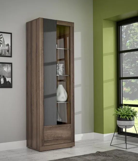 Witryna szklana wysoka TRASS 197x41 dąb czarny dąb szlachetny - TRAV711L-N09