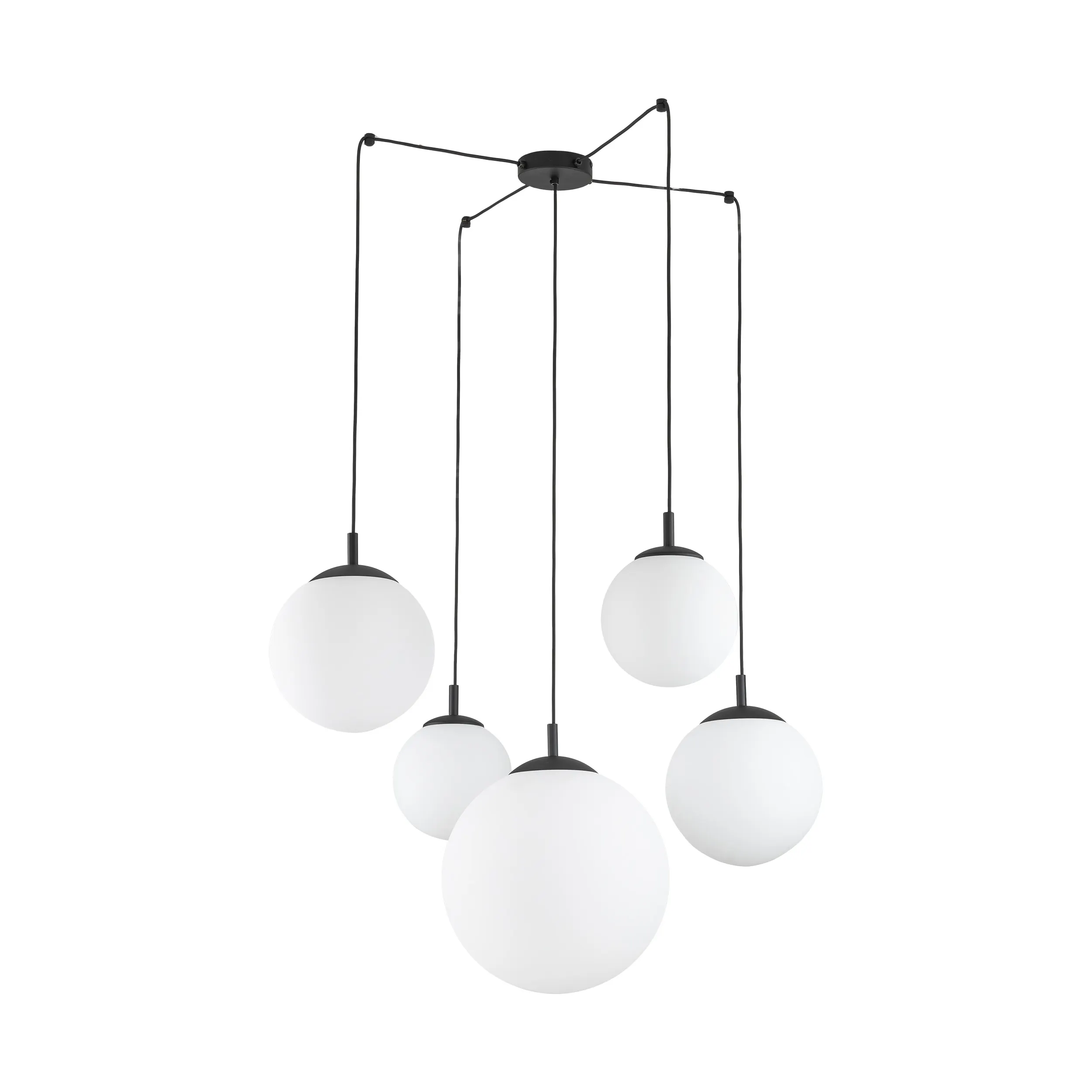 Lampa wisząca ESME czarna z białymi szklanymi okrągłymi kloszami dodatkowo podwieszana 180cm