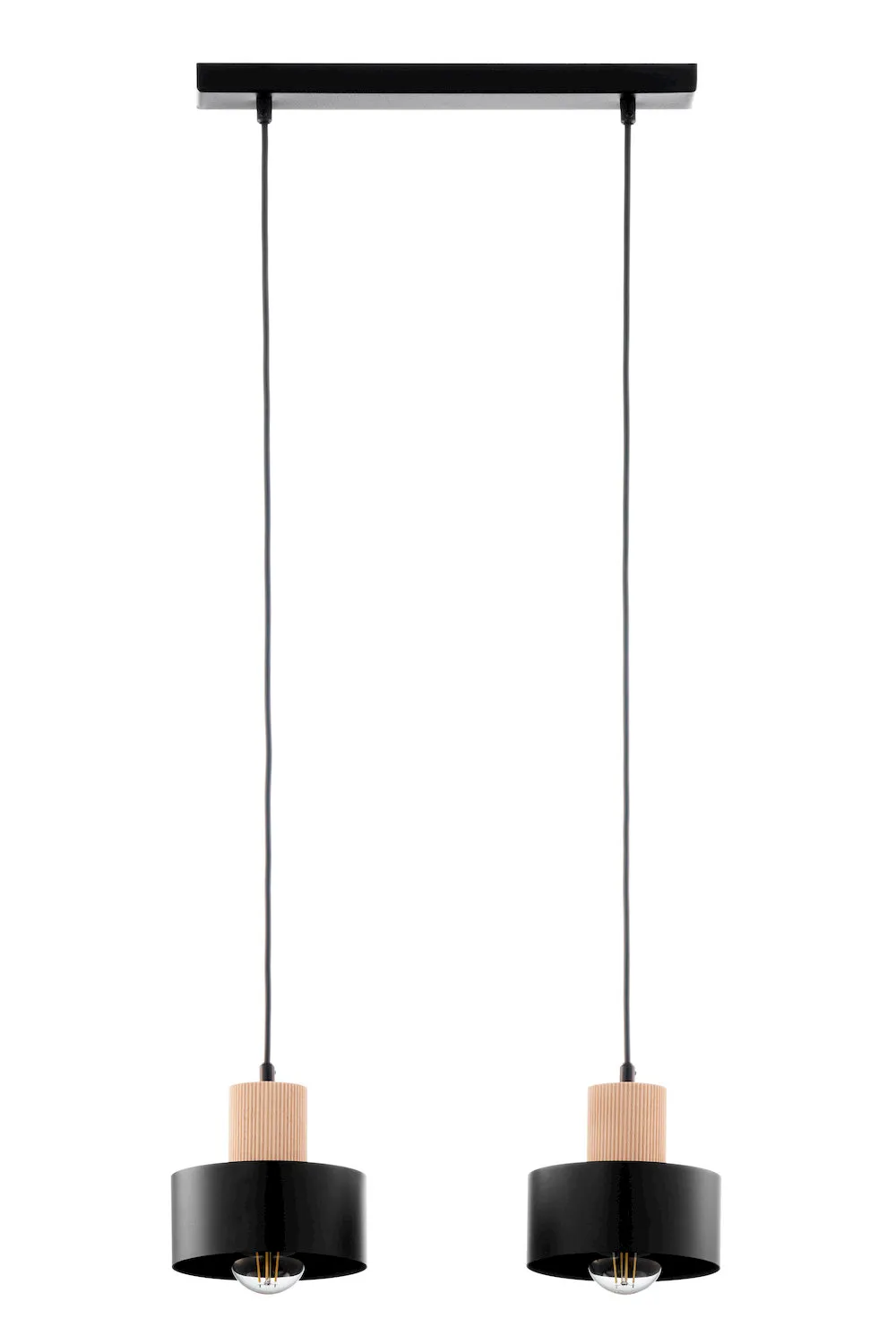 image lampa wisząca, podwójna lampa, czarna lampa, korpus metalowy, drewniane oprawki