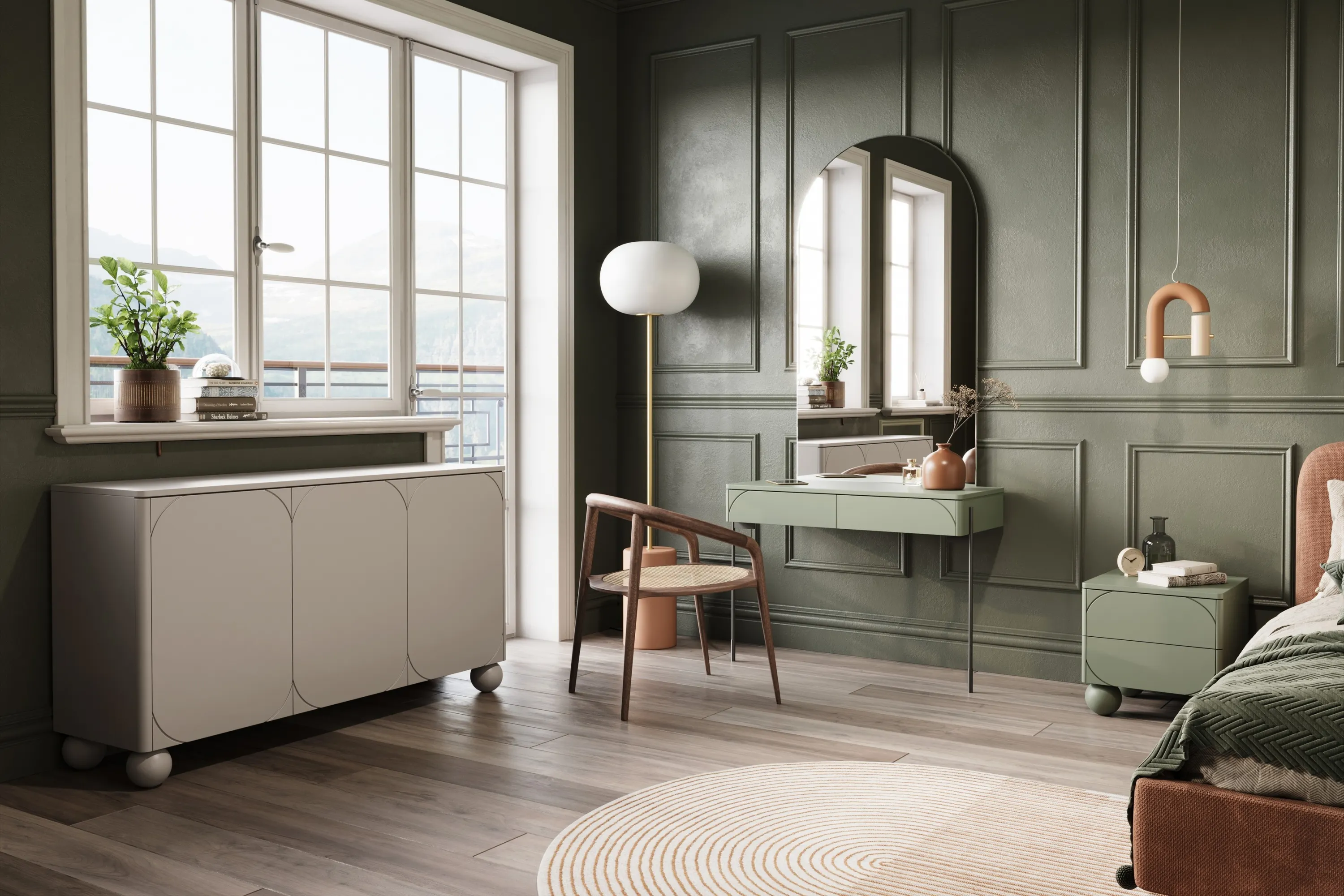 Komoda 3-drzwiowa z 2 szufladami SONATIA 150cm cashmere nogi kule - B_157292