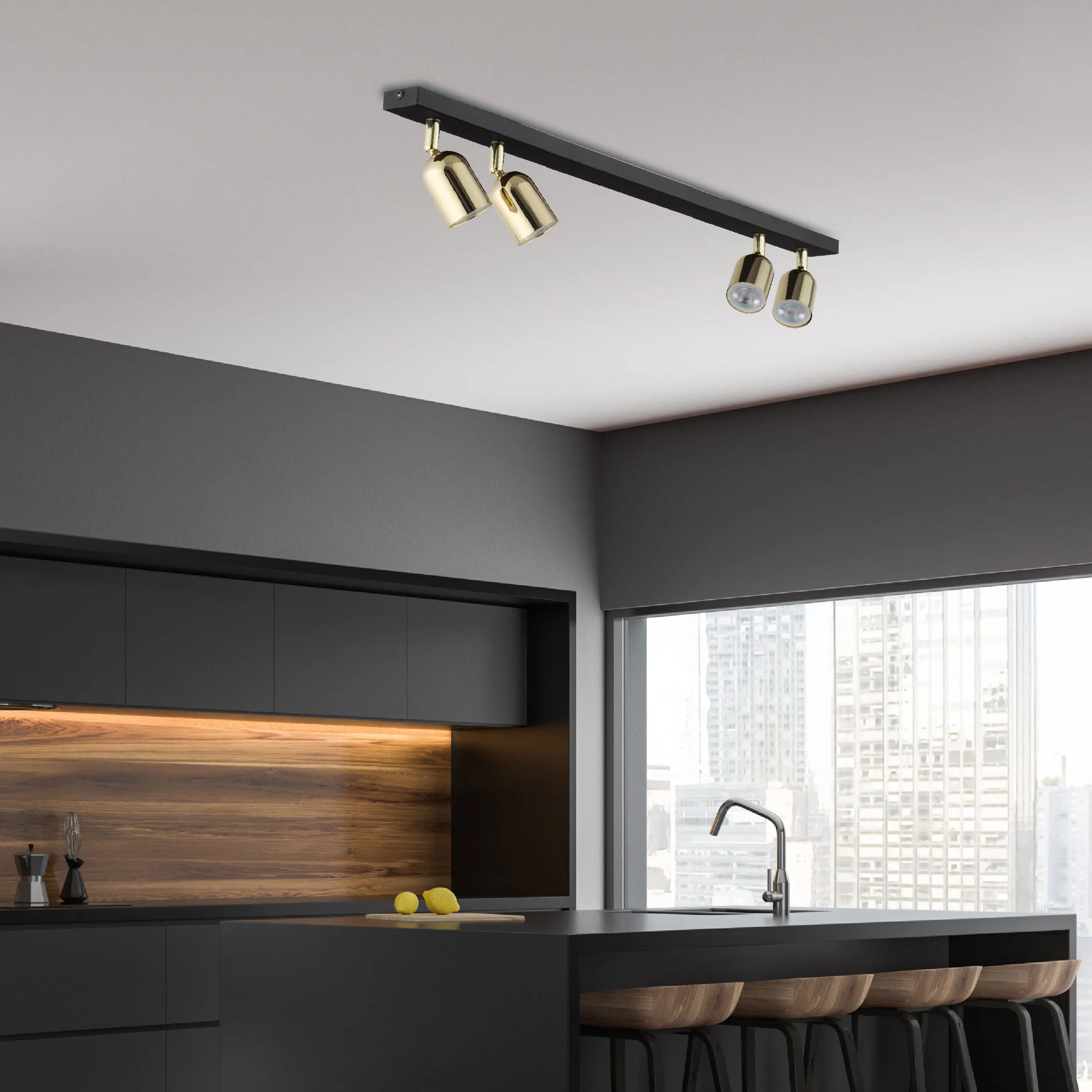 Lampa sufitowa TOP czarna ze złotymi reflektorami regulowanymi na listwie 88x18x14cm - TK_5619