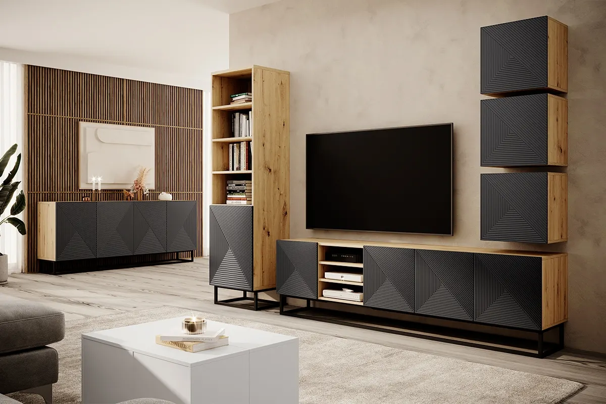 Regał ASHA 50 1D - szary - dąb artisan - czarny stelaż- ryflowany front - B_149636