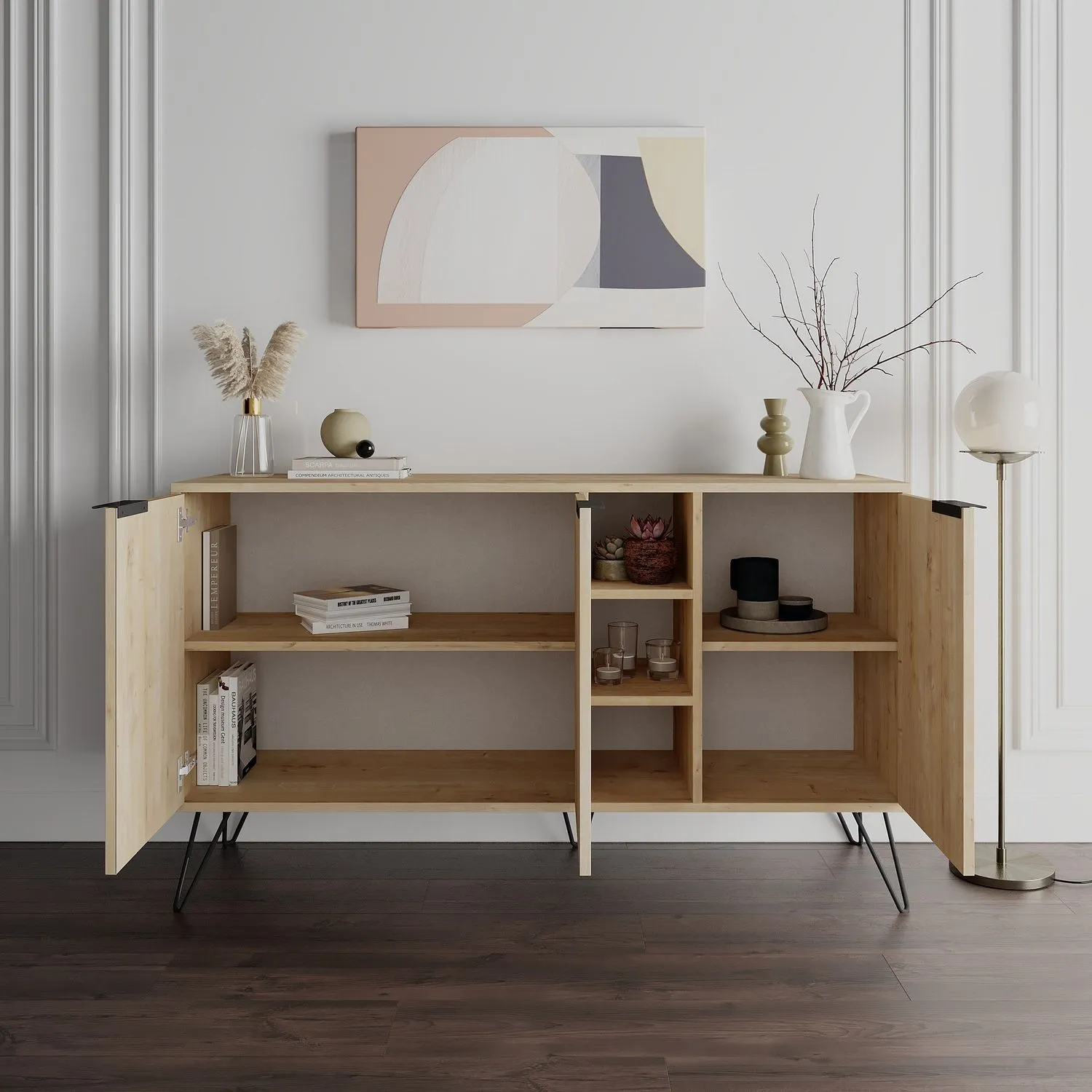 Komoda drewniana 3-drzwiowa z wnęką CLARA 142 cm dąb naturalny — zdjęcie 3
