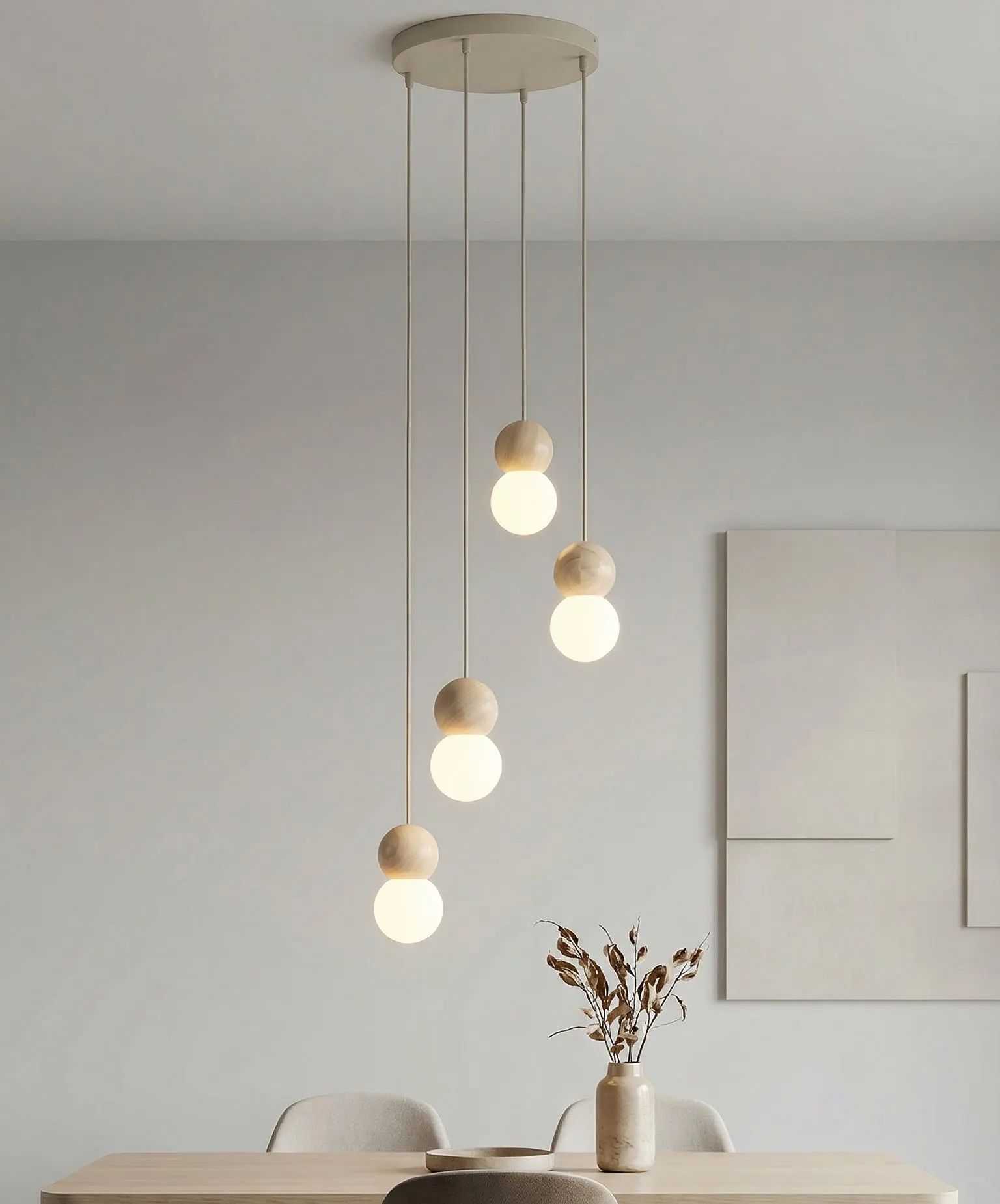 lampa wisząca, kule LED, drewniana biurowa, zawieszenie sufitowe, minimalistyczny design