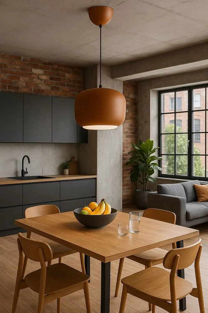 kitchen, dining room, wooden table, hanging lamp, fruit bowl