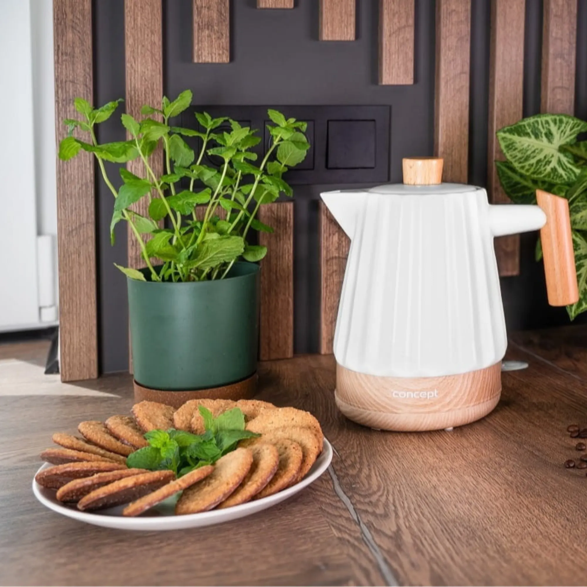 kawiarka, czajnik elektryczny, platynowy, drewno, relaksujące