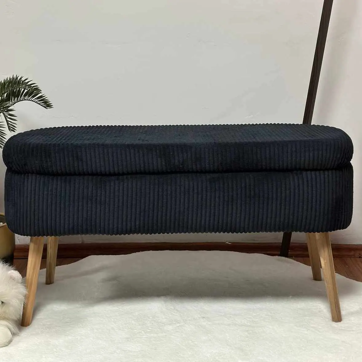 sofa, ottoman, ciemny niebieski, corduroy, drewniane nóżki