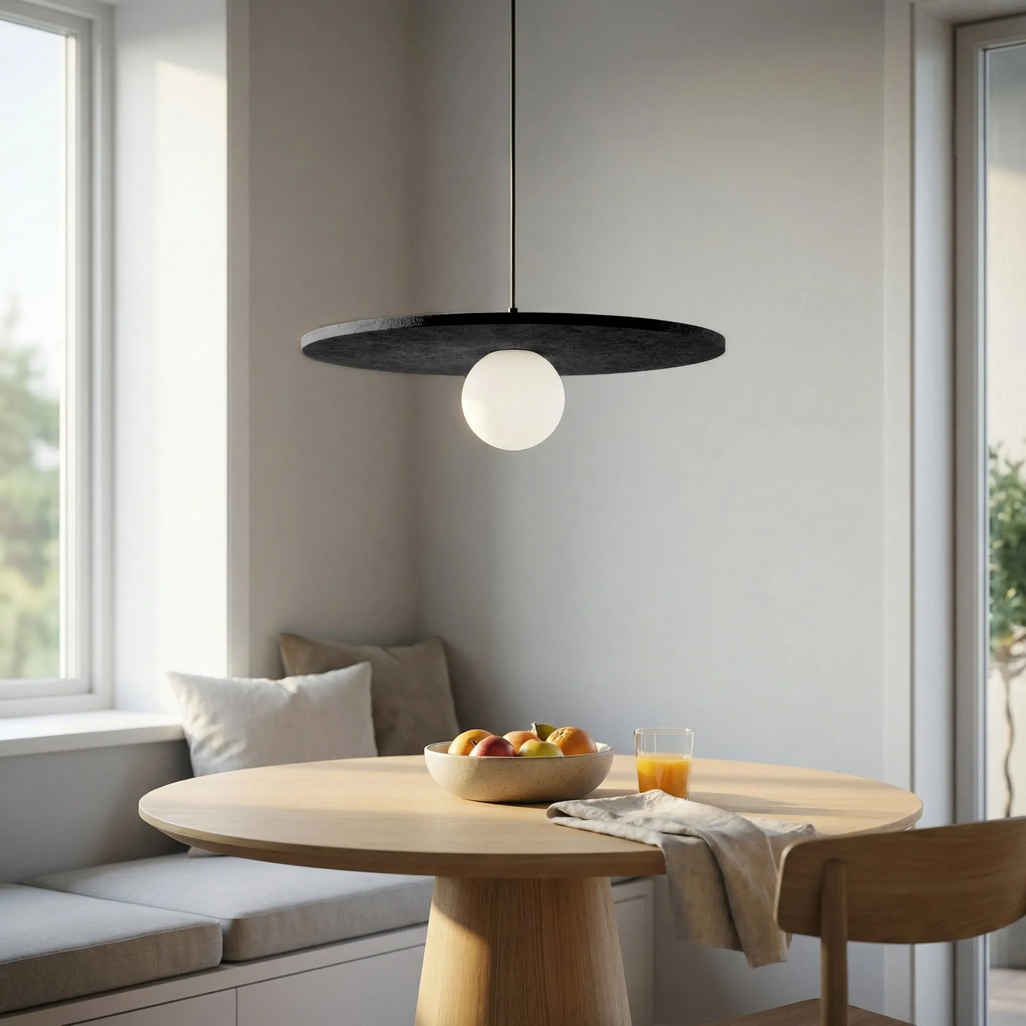 image lampa wisząca, kula światła, okrągła abażura, stół drewniany, jadalnia