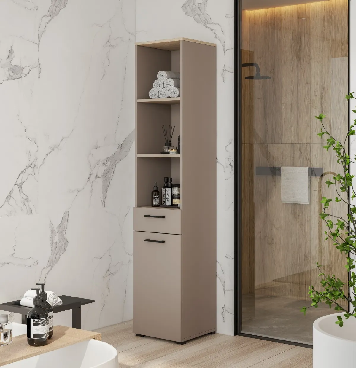 Regał z koszem na pranie i szufladą ROSA 197x40 congo efekt drewna - 30CDNO66