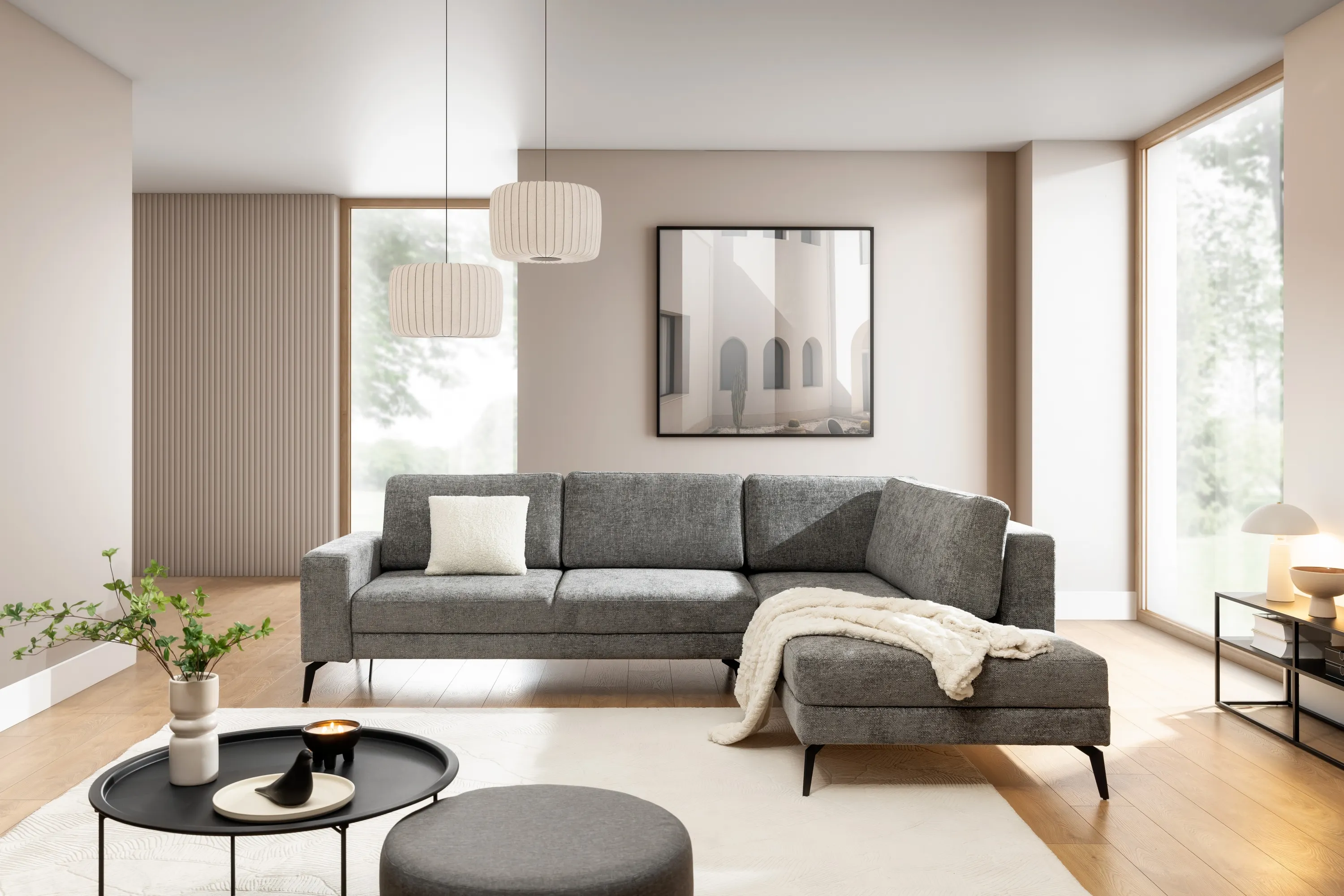 Narożnik rozkładany prawostronny ELENTIO (Magni 206.13) 280x220 cm z dwoma pojemnikami szary - B_162380