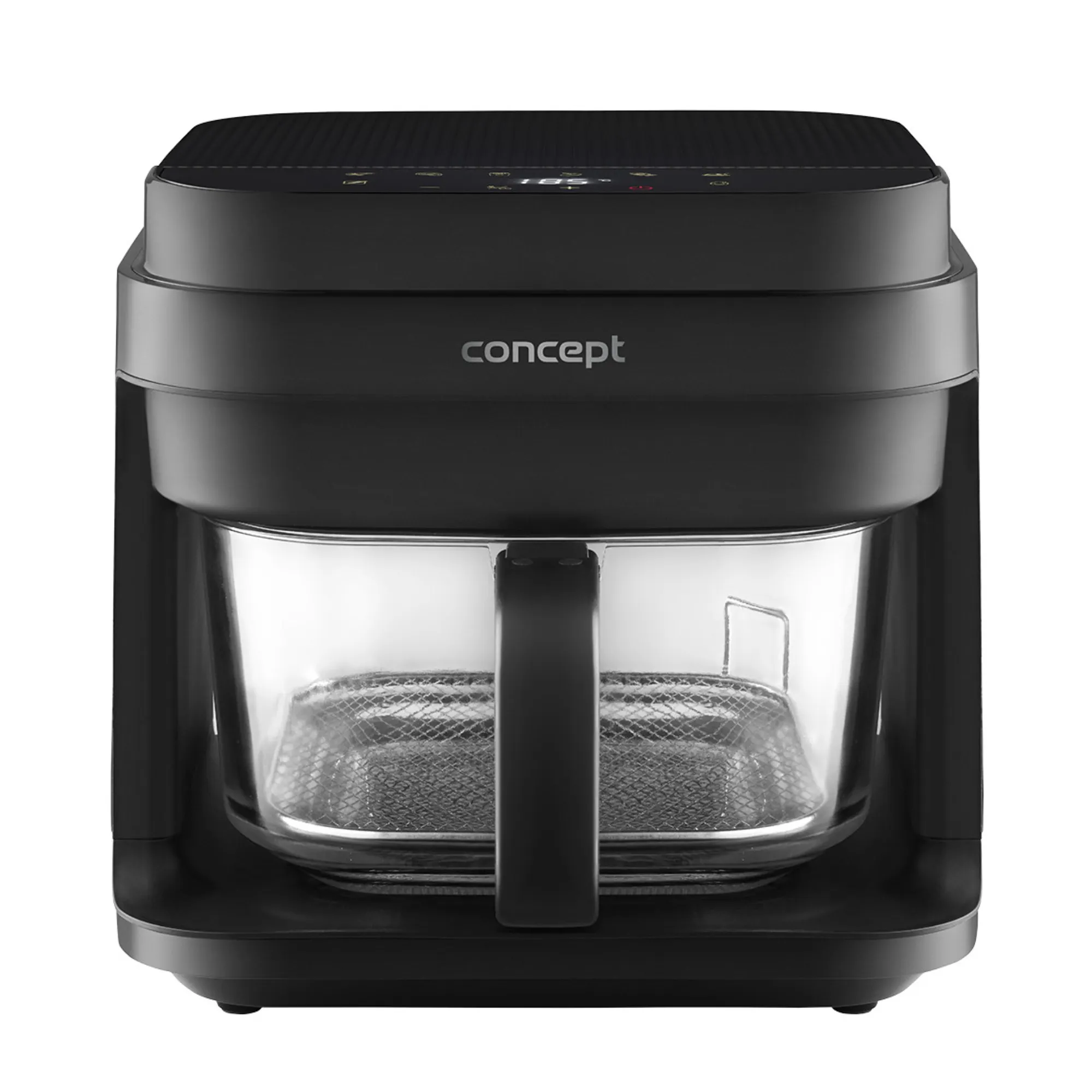 image ekspres do kawy, pojemnik szklany, czarny kolor, metalowy korpus, minimalistyczny design