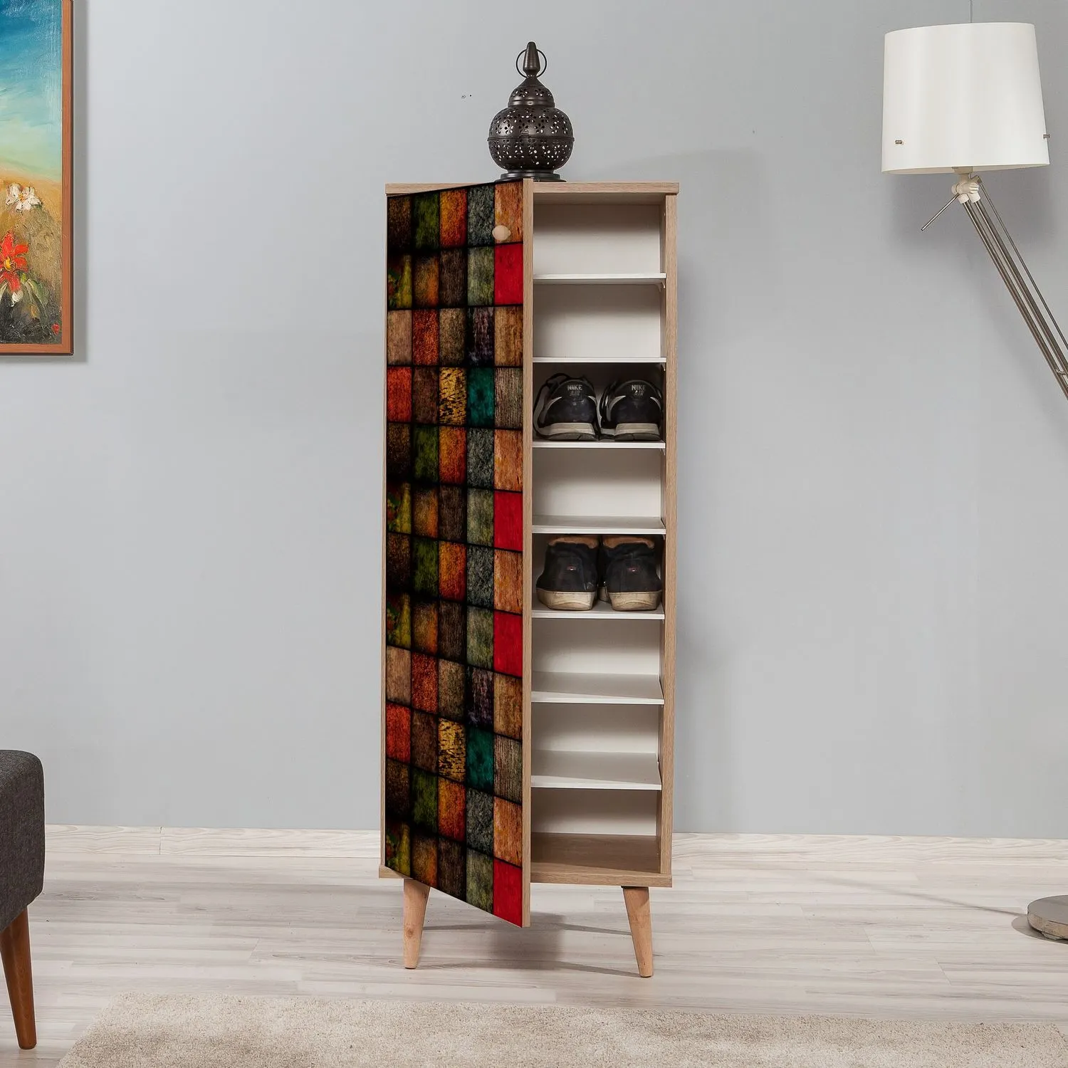 Szafka na buty wysoka FILINTA 1-drzwiowa 50x135 sosna sonoma wielokolorowy - ASI_863SPH3413