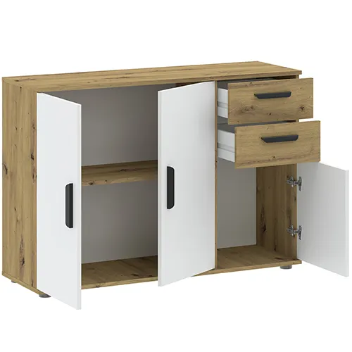 Komoda 3-drzwiowa z 3 szufladami BASIC TWO dąb artisan biały - INT_5002583
