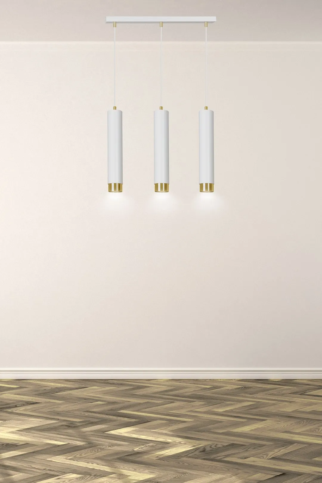 image lampa wisząca, pendant lamp, trzy zawiesia, białe wykończenie, drewniana podłoga