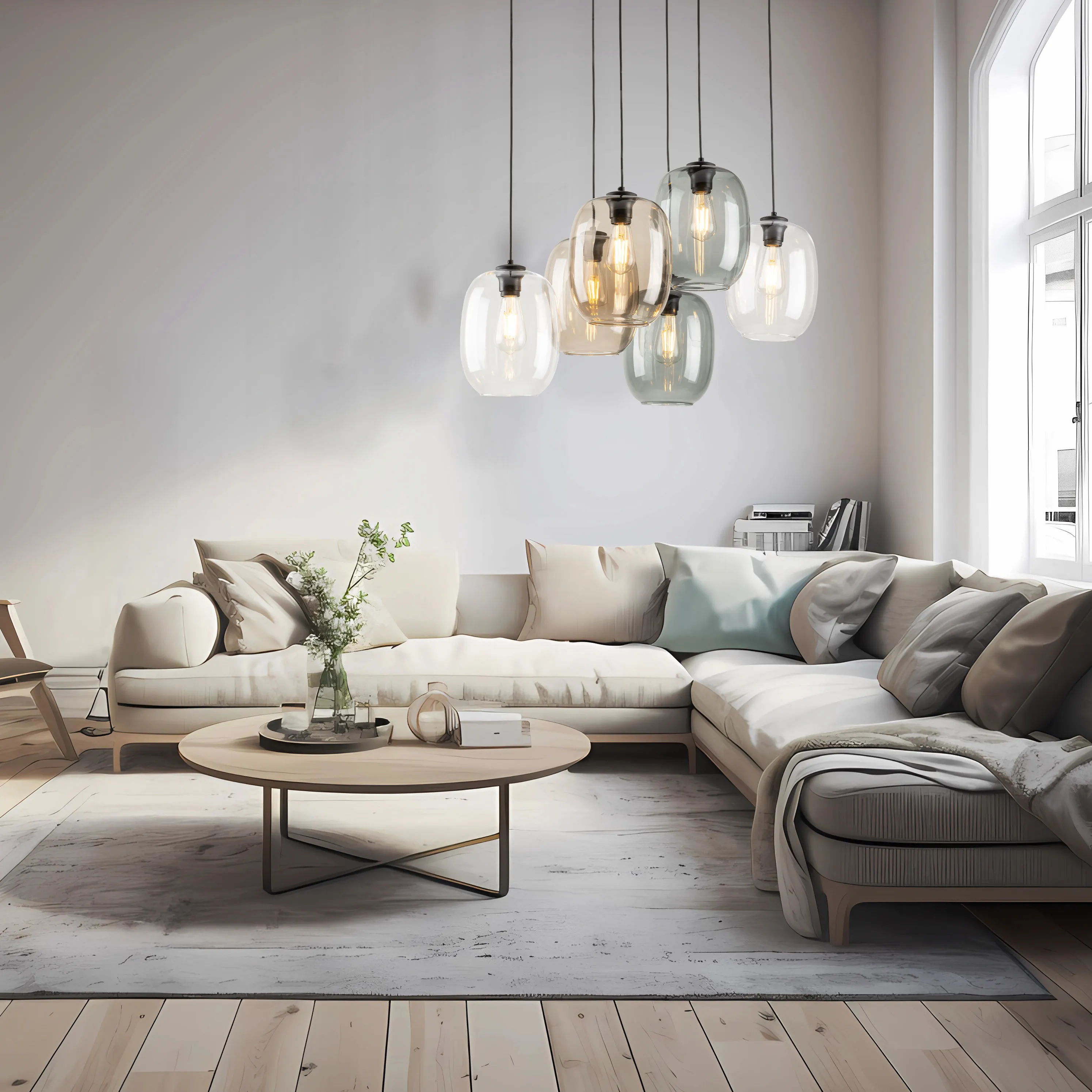 Lampa wisząca ELIO na czarnej podstawie i przewodach 6 różnokolorowych szklanych kloszy przeźroczyste ciemne i brązowe 130x70x40cm - TK_5974