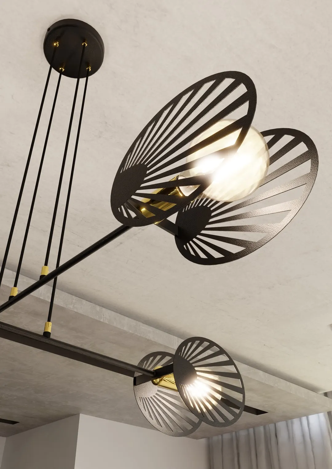 image lampa wisząca, designowy żyrandol, metalowy trzpień, kolor czarny, geometryczny wzór