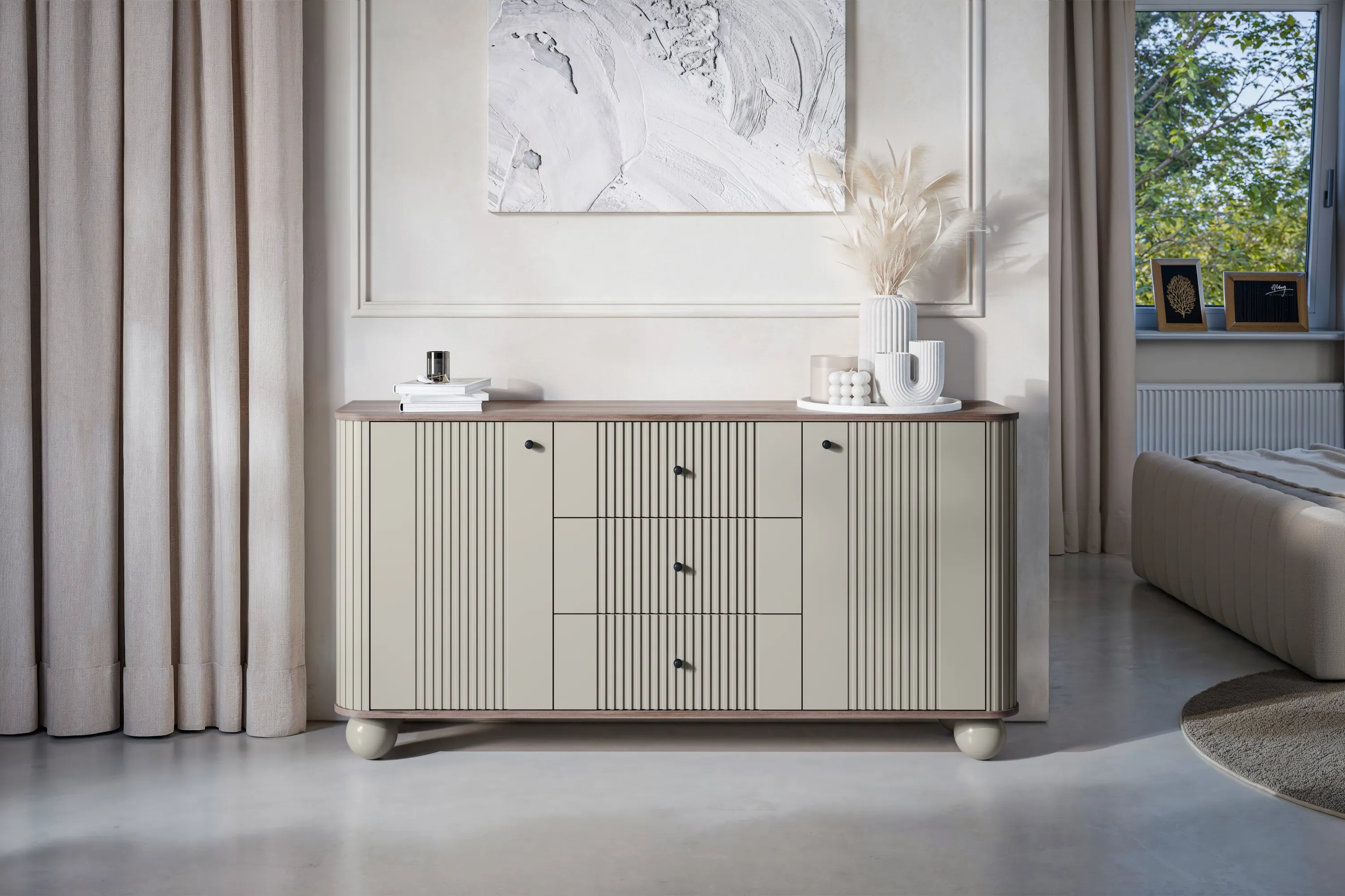 Komoda 2-drzwiowa z 3 szufladami VESPER 160 ryflowany front cashmere orzech czarne uchwyty nogi kule - B_163610