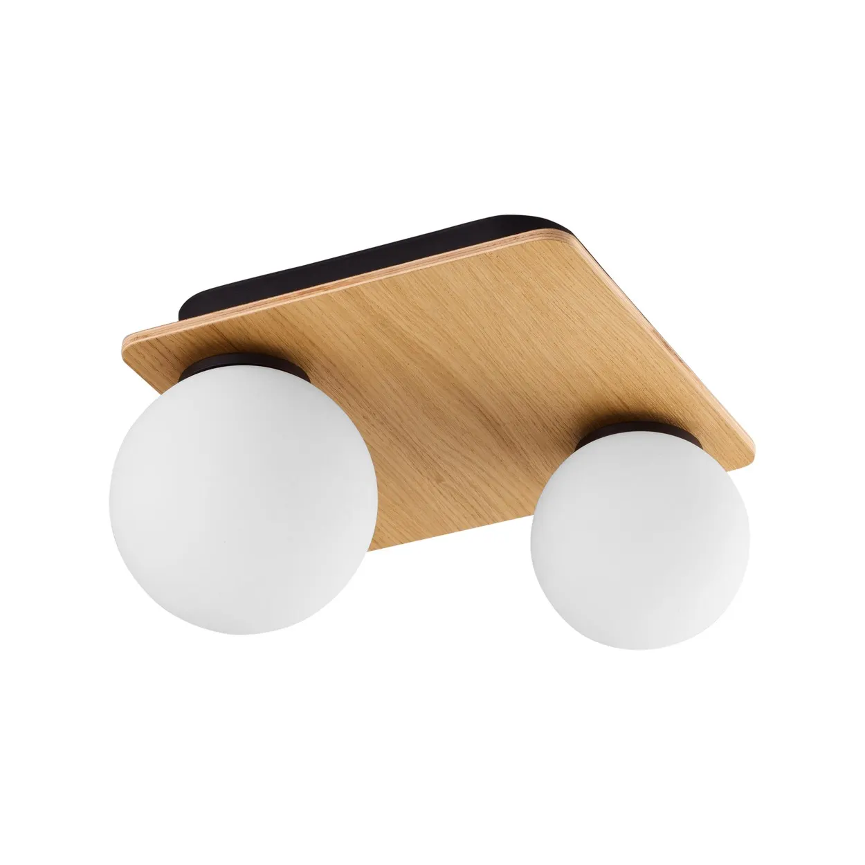 Lampa sufitowa BIANCA jasne drewno z czarnymi elementami i białymi okrągłymi szklanymi kloszami 24x15cm