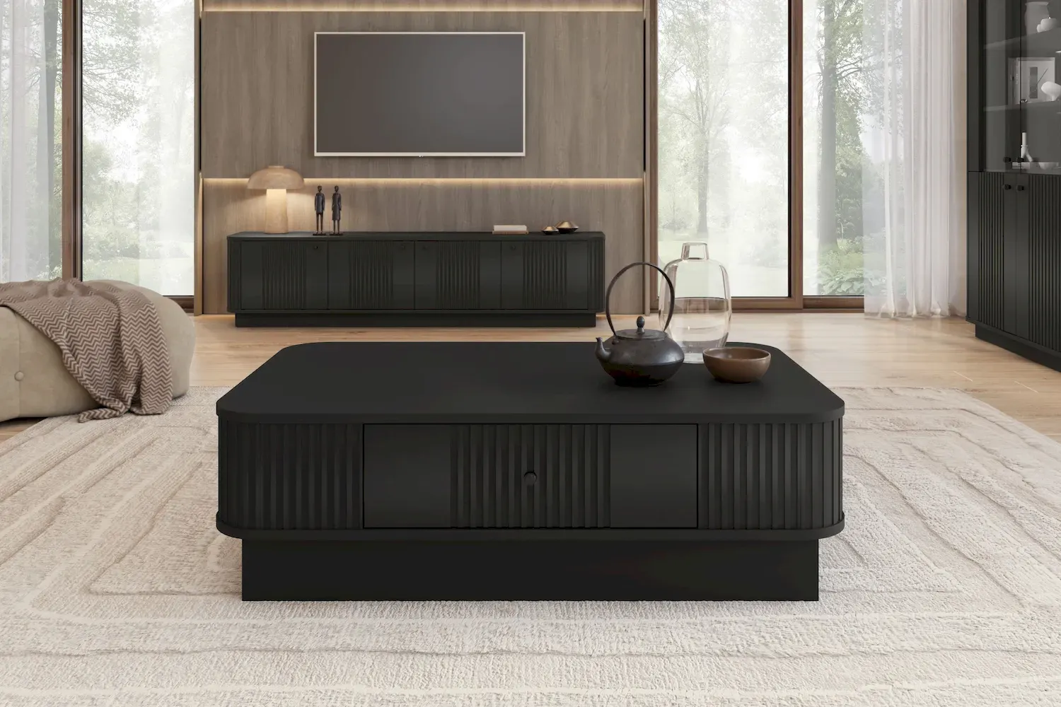 Stolik kawowy z szufladą VESPER ryflowany front - czarny czarny uchwyt cokół - B_169464