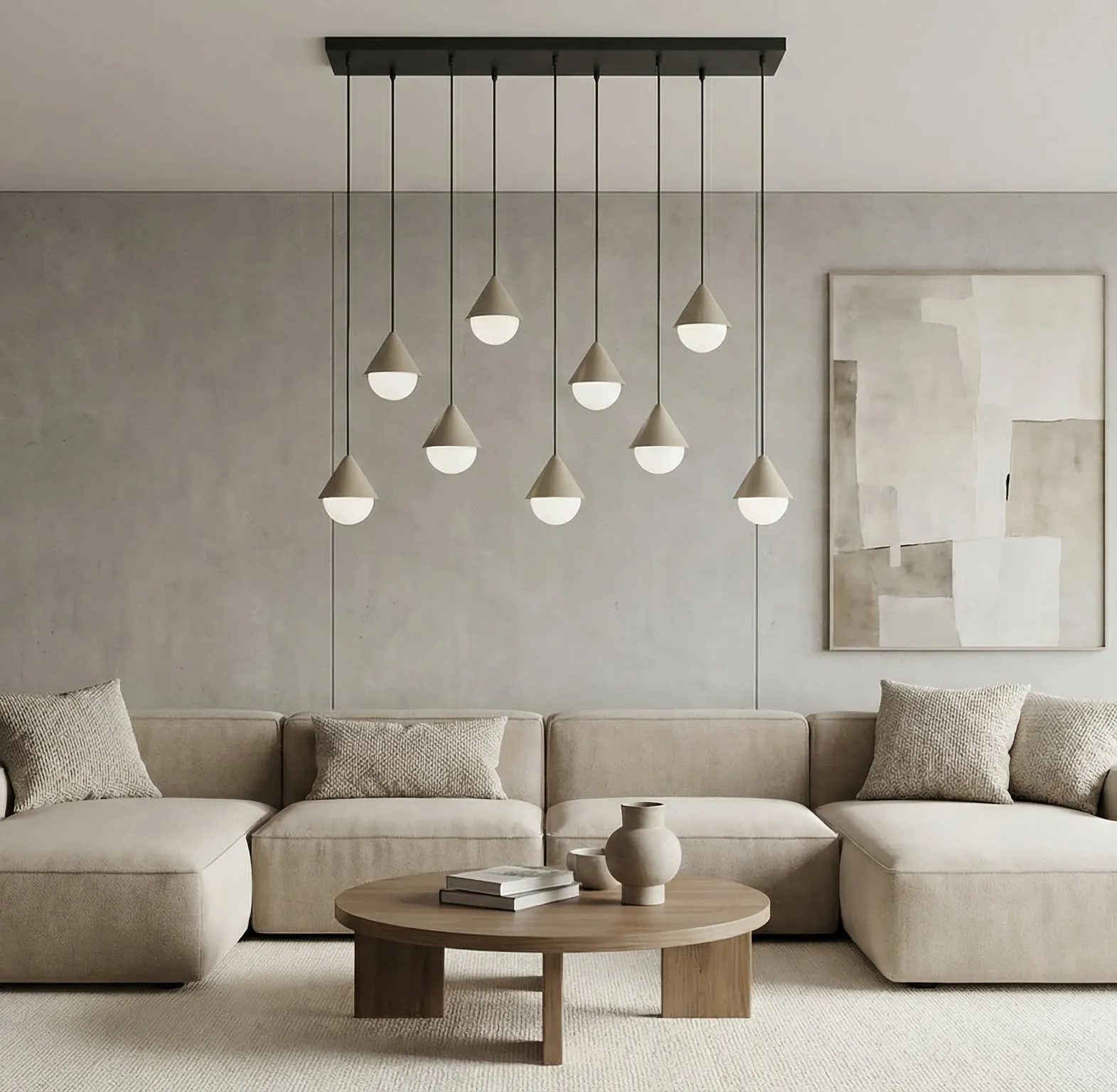 image lampa wisząca, biel, szare tło, sofa modułowa, dekor wnętrza