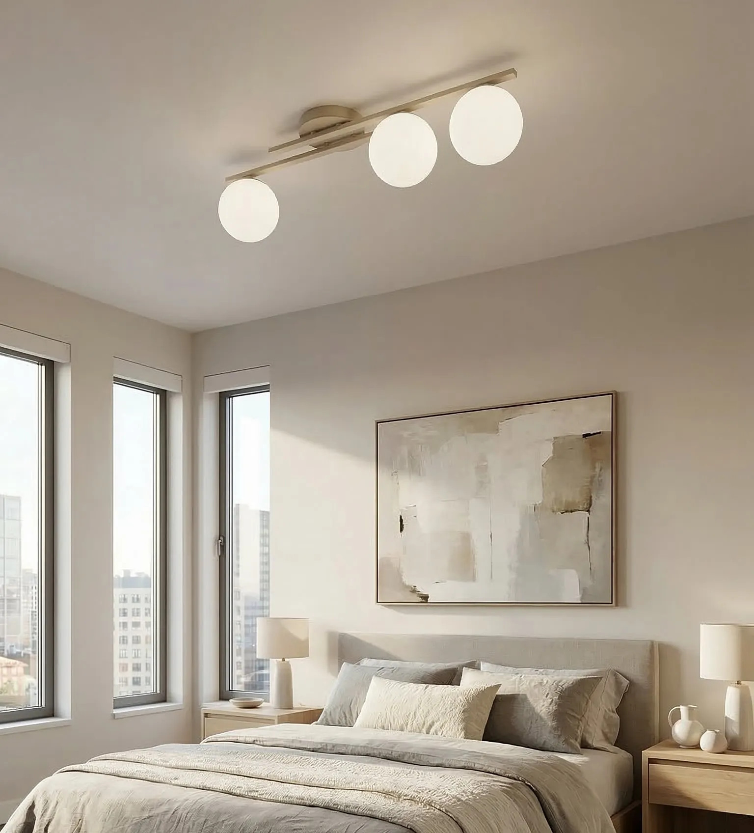 image lampa sufitowa, trzy kule, szklana kula, sypialnia, design skandynawski