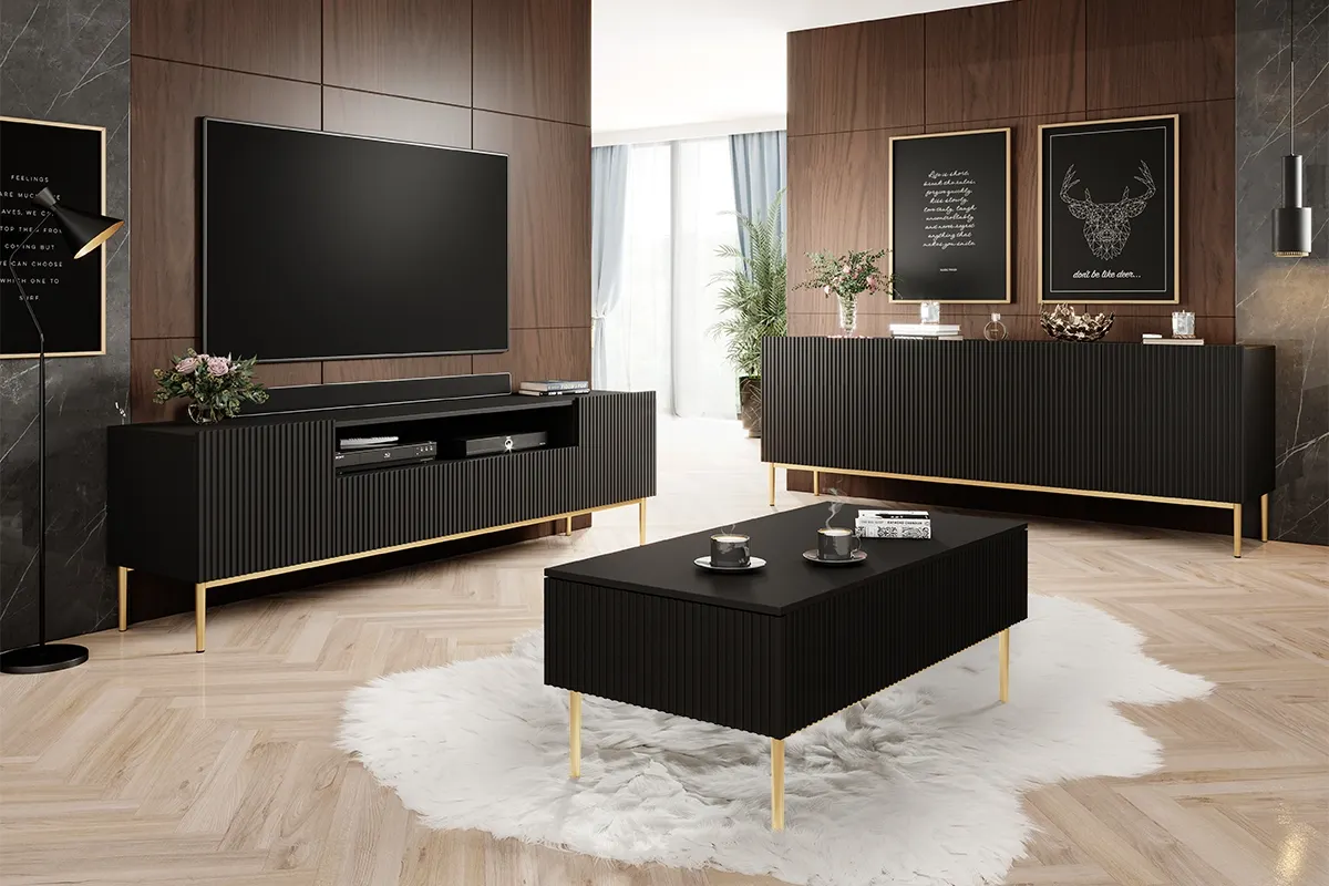 Ława NICOLE 120 z 2 szufladami - czarny mat - złoty stelaż - B_53329