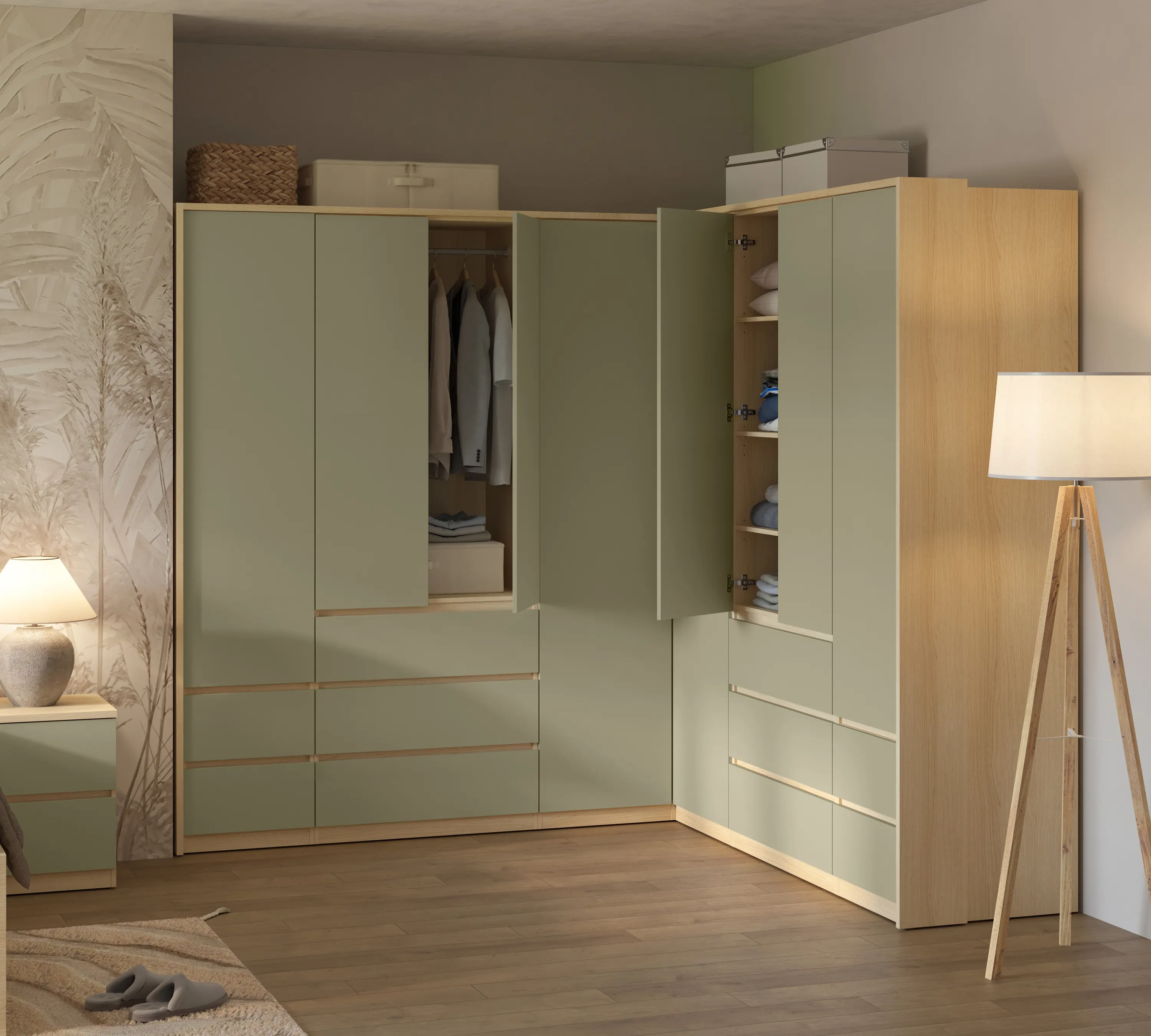 szafa, meble pokojowe, szafka garderoba, kolor oliwkowy, drewniane wykończenie